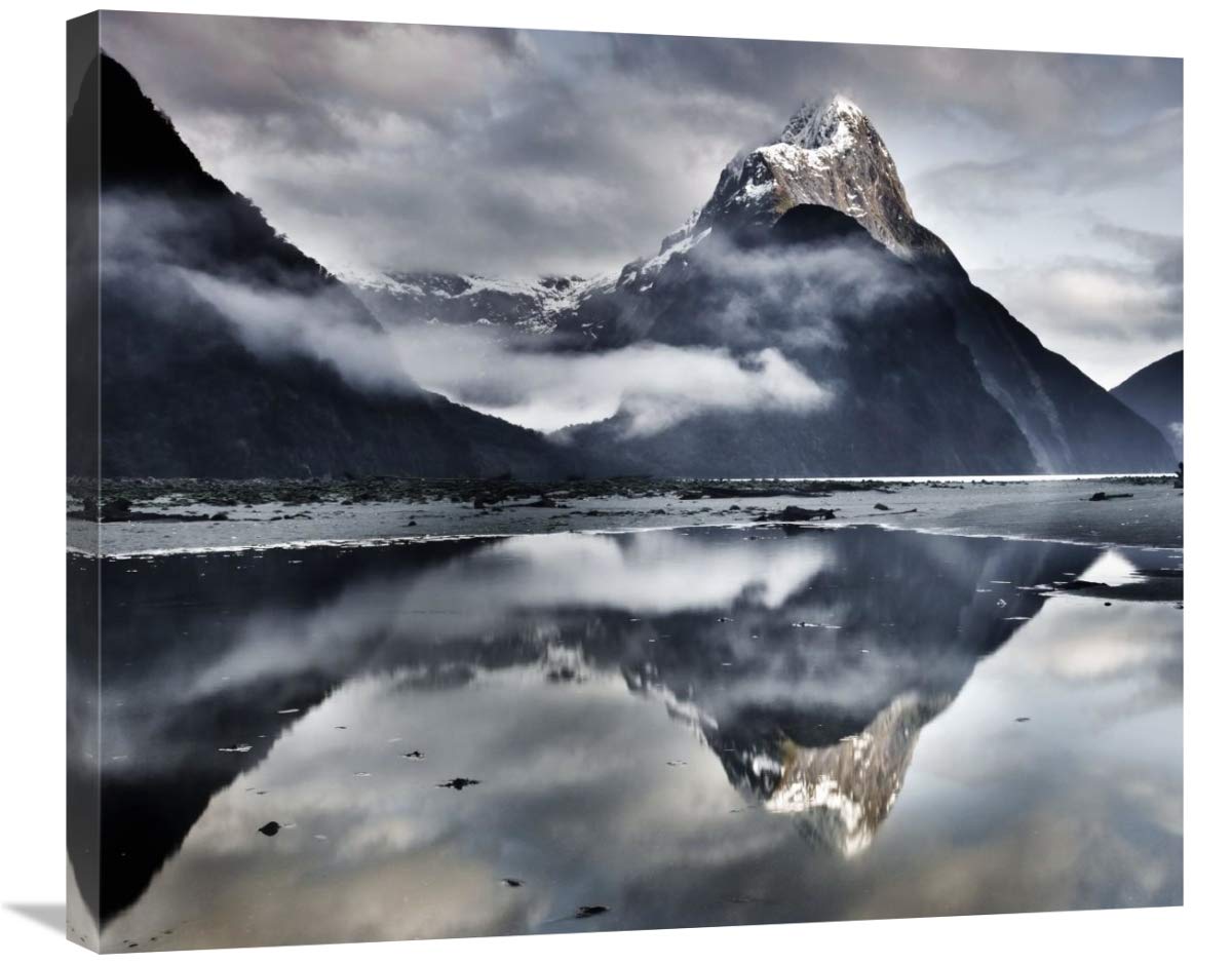Mitre Peak reflecting in Milford Sound in winter at dawn, Fiordland National Park, New Zealand-Canvas Art-30x24.9”