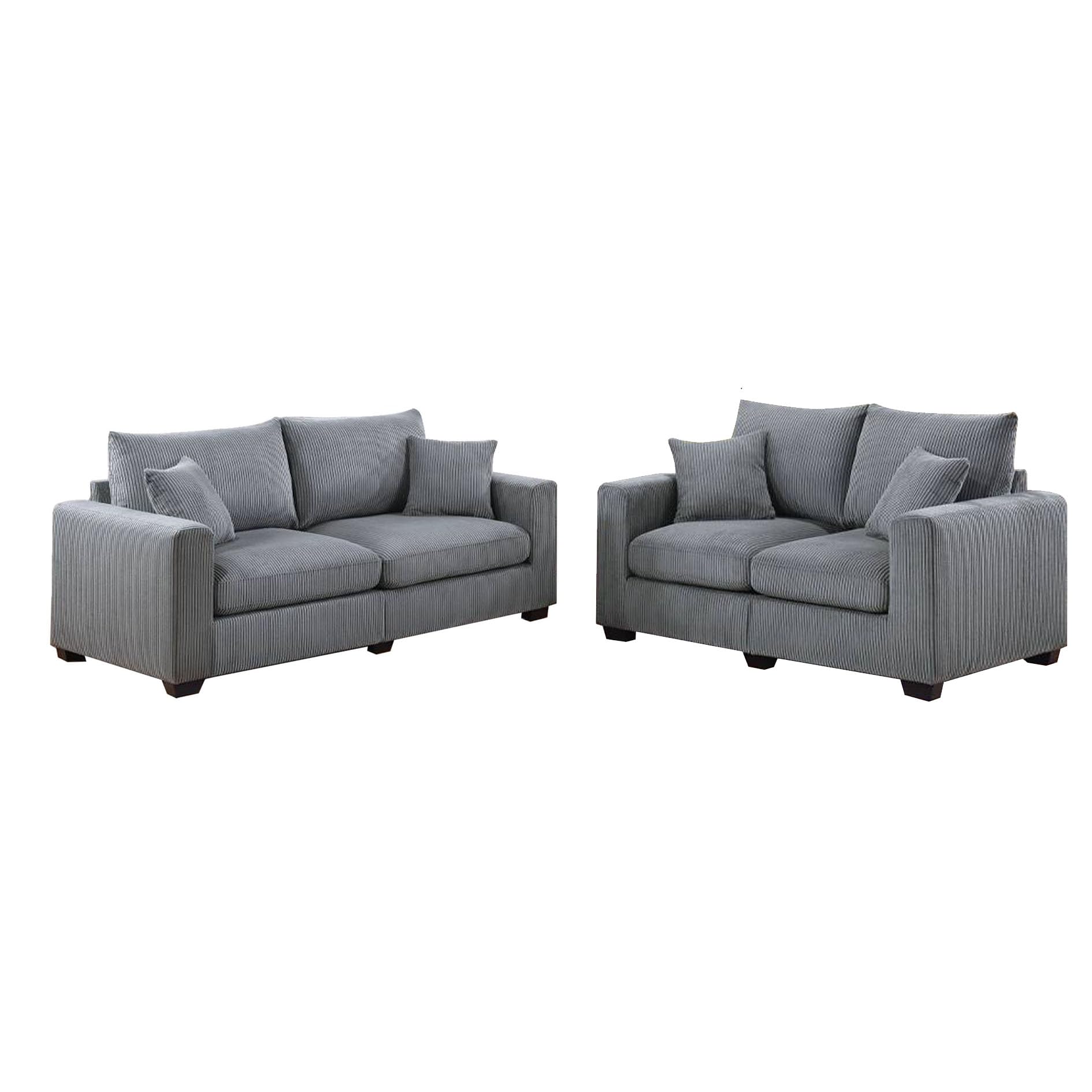 Jesica 2pc Loveseat n Sofa Set, 2 Accent Pillows, Gray Corduroy Fabric
