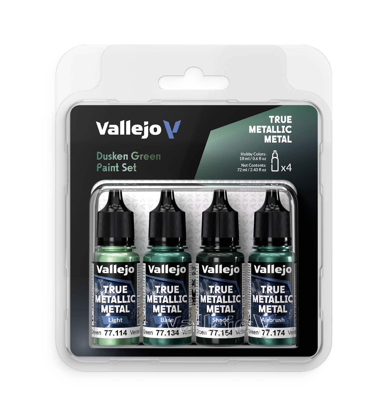 Vallejo - Dusken Green Paint Set | True Metallic Metal | Acrylic Colors for Painting Metal Effects on Fantasy, Historical, and Wargaming Miniatures | BSL System | 4 Bottles x 18 ml (0.6 fl.oz.)
