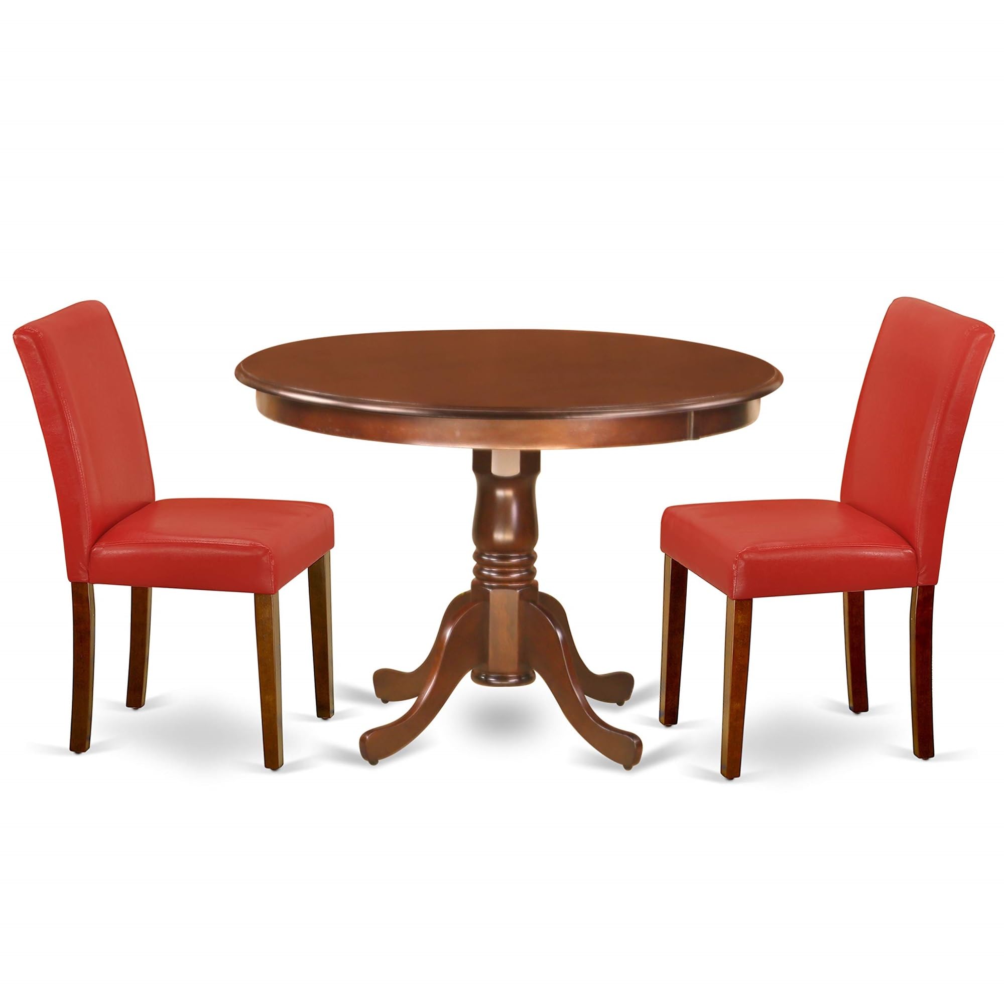 Casafoyer HLAB3-MAH-72 3 Piece Dining Room Table Set Contains a Round Kitchen Table with Pedestal and 2 Firebrick Red Faux Leather Parsons Dining Chairs, 42x42 Inch, Mahogany