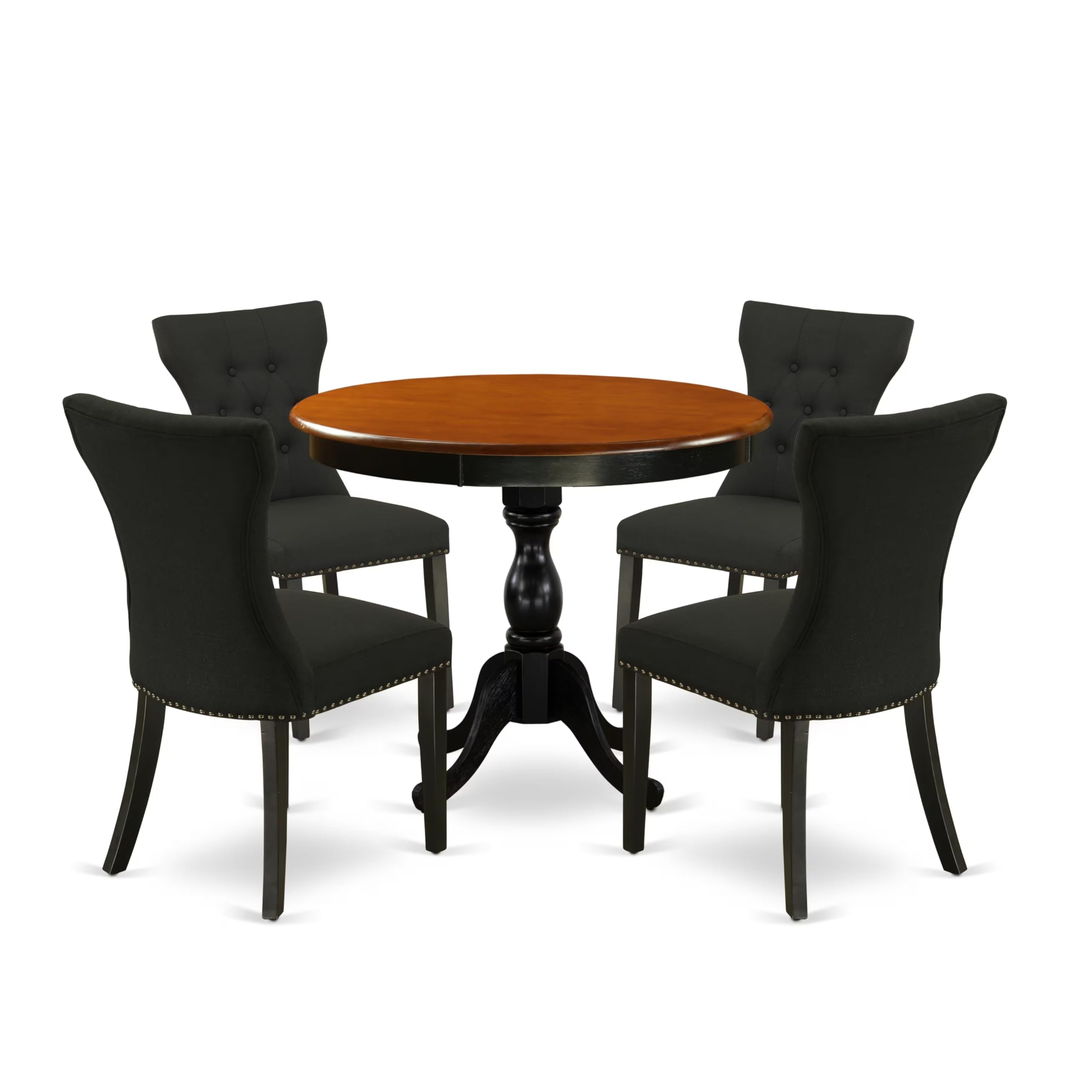East West Furniture AMLA5-BCH-47 5-Piece Dinning Room Set Contains a Round Dining Table and 4 Light Sable Linen Fabric Upholstered Dining Chairs with High Back - Black Finish