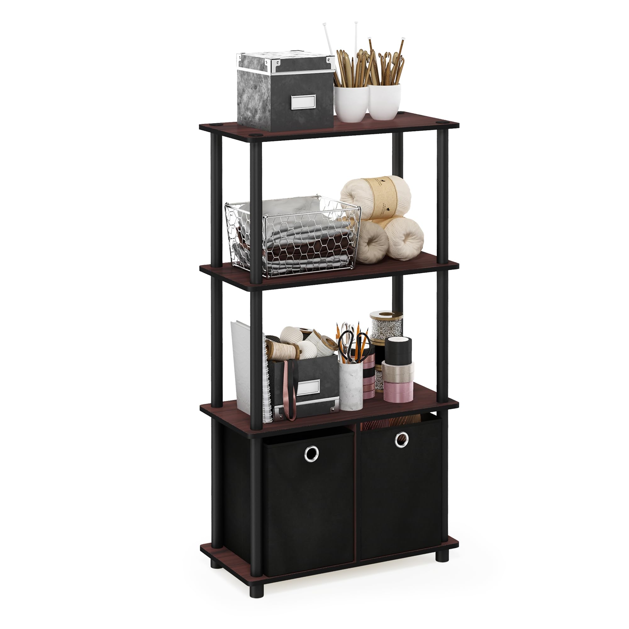 Furinno NW889DC/BK/BK Go Green 4-Tier Multipurpose Storage Rack Shelving Unit w/Bins, Dark Cherry/Black