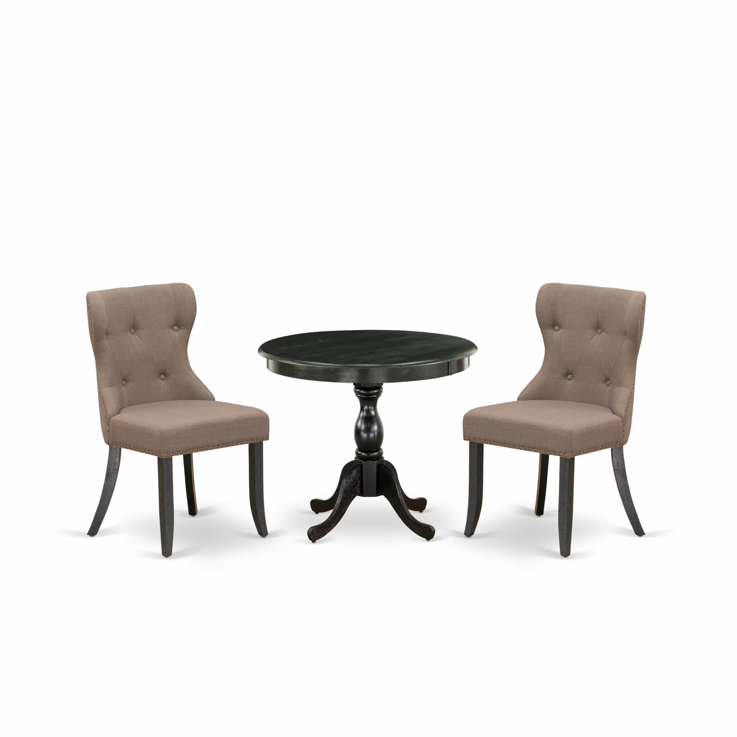 East West Furniture 3 Piece Dining Table Set Contains 1 Dining Room Table and 2 Coffee Linen Fabric Dining Chairs Button Tufted Back with Nail Heads - Wire Brushed Black Finish