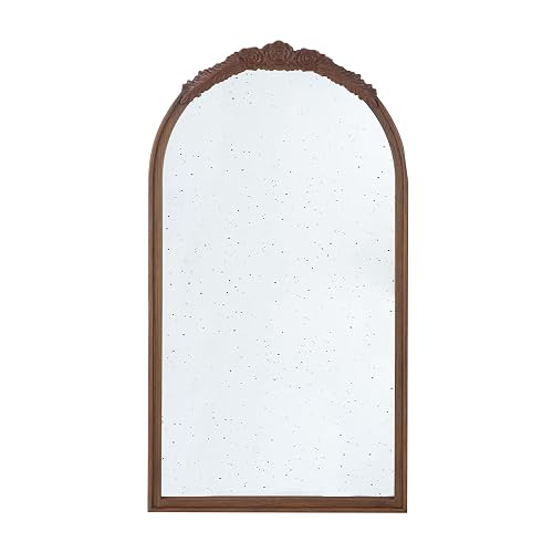 Eel 42 Inch Wall Mirror, Brown Arched Wood Frame, Hand Carved Rose Accent