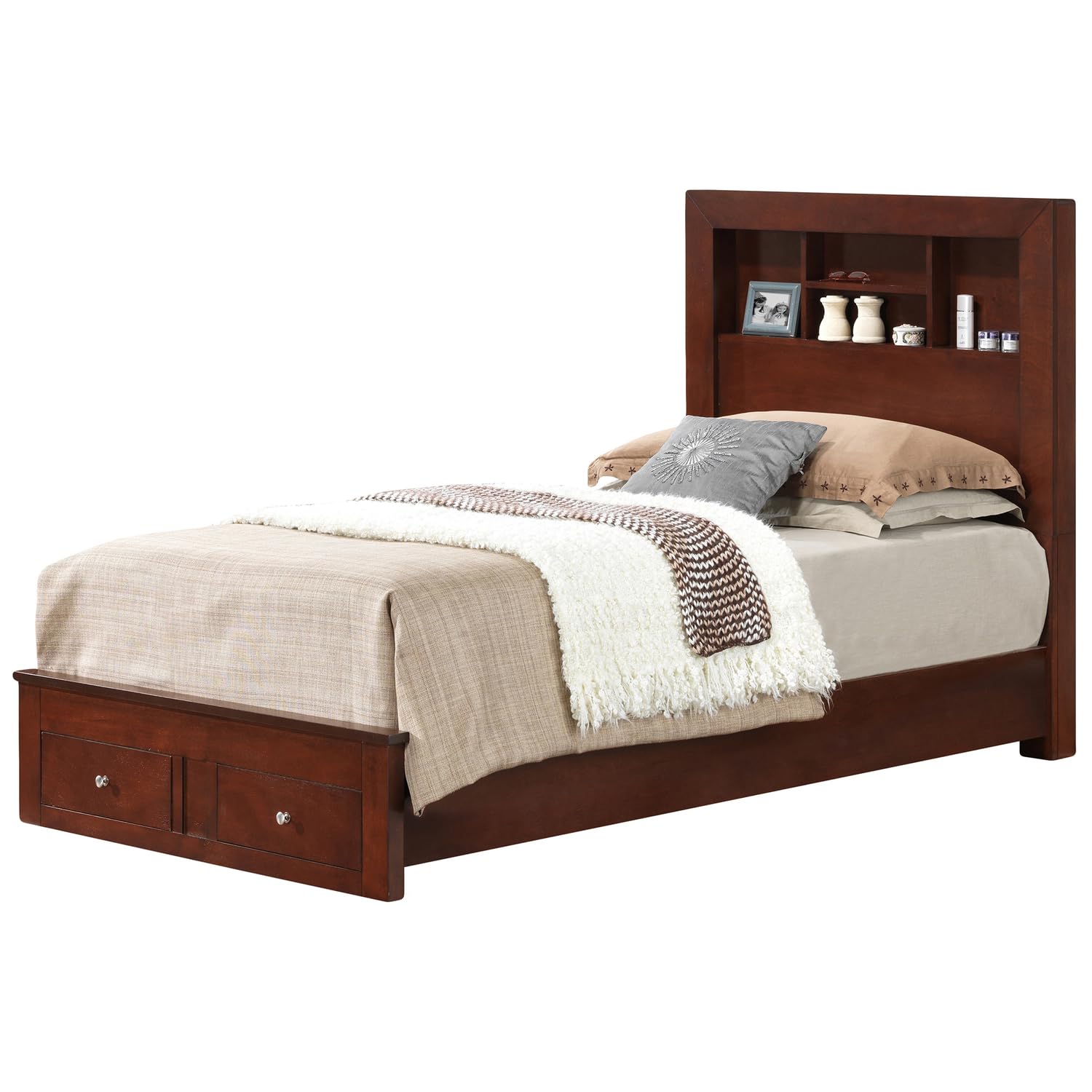 Burlington Cherry Twin Storage Platform Bed with Storage Drawers and Shelving Headboard