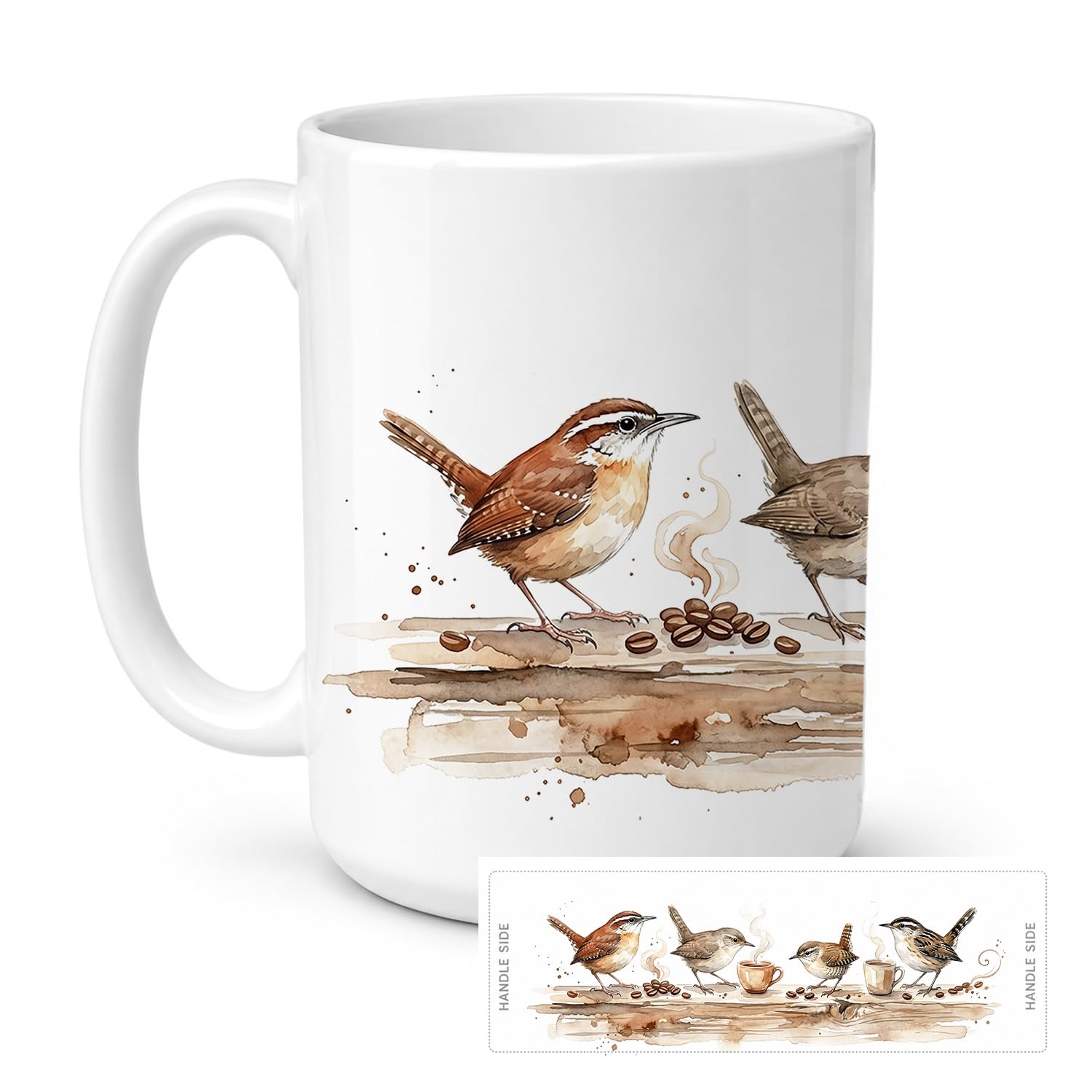 Carolines Treasures Wrens Morning Coffee Ceramic Coffee Mug 15 oz Decorative Large C Handle Mug Cup for Tea, Cocoa Hot Chocolate