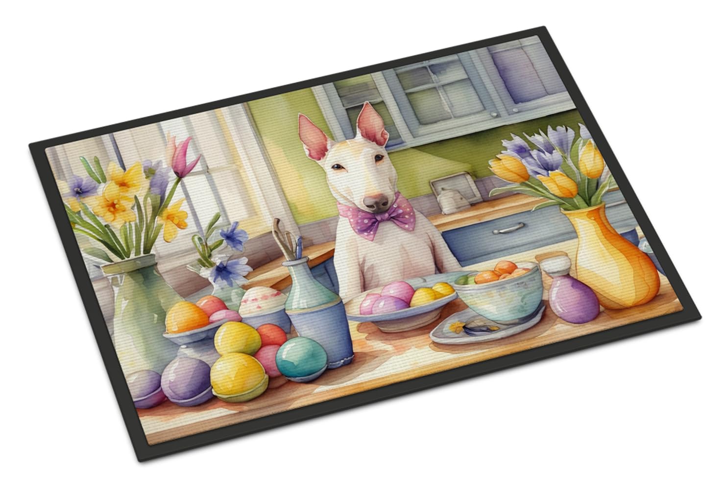 Carolines Treasures DAC6778MAT Decorating Easter Bull Terrier Doormat Front Door Mat Indoor Outdoor Rugs for Entryway, Non Slip Washable Low Pile, 18H X 27W