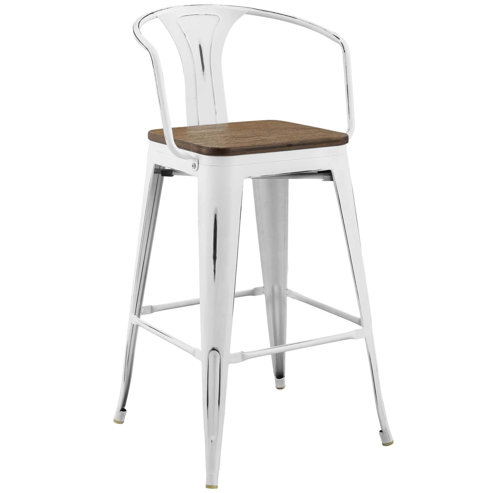 Modway Promenade Industrial Modern Steel Bistro Bar Stool With Arms And Bamboo Seat In White