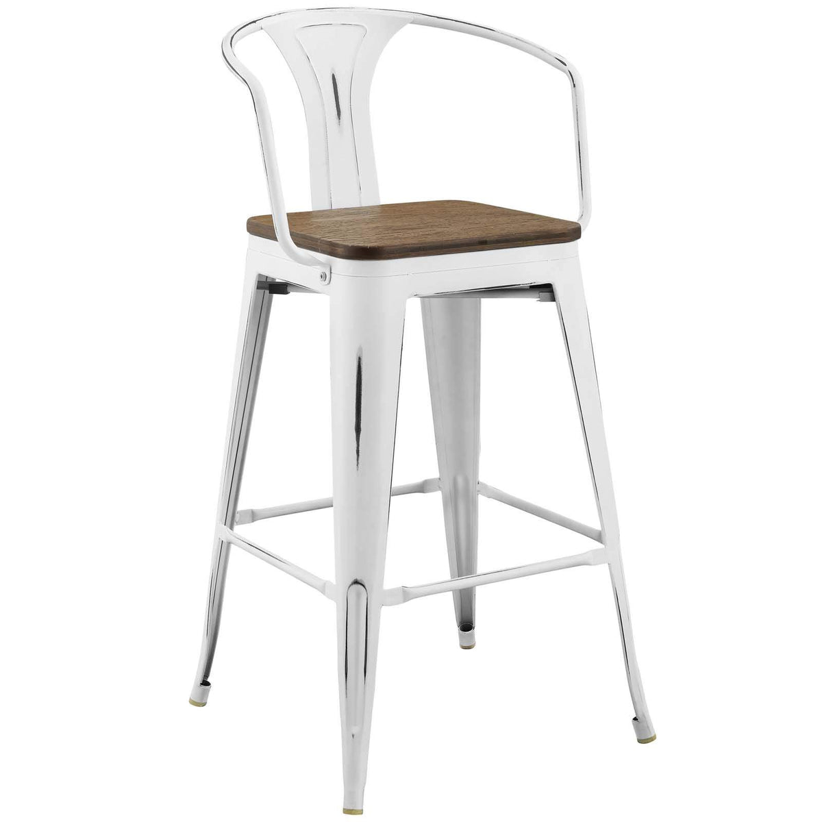 Modway Promenade Industrial Modern Steel Bistro Bar Stool With Arms And Bamboo Seat In White