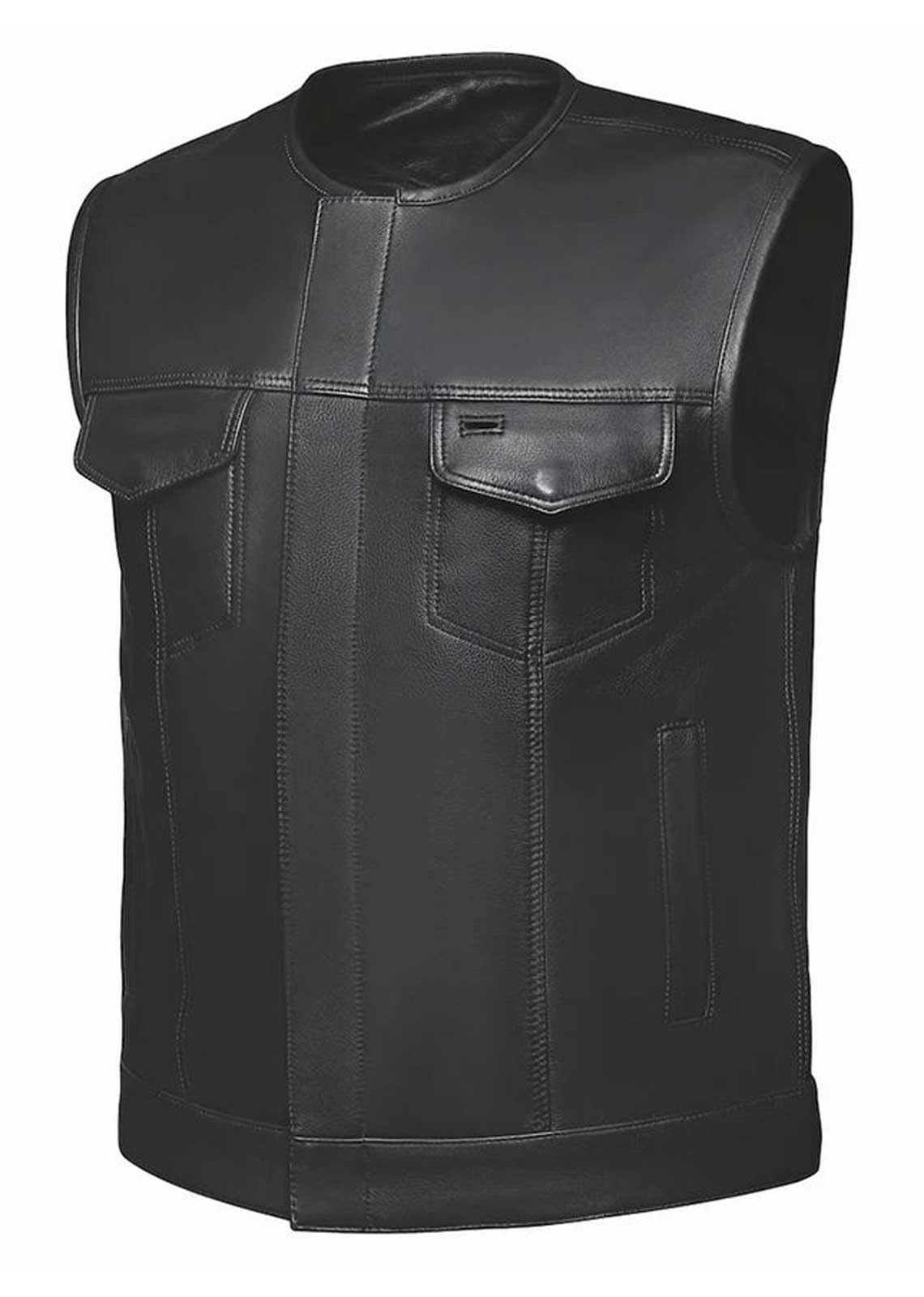Mens Premium SOA Style Collarless Leather Club Vest,Black,Size - 2XL