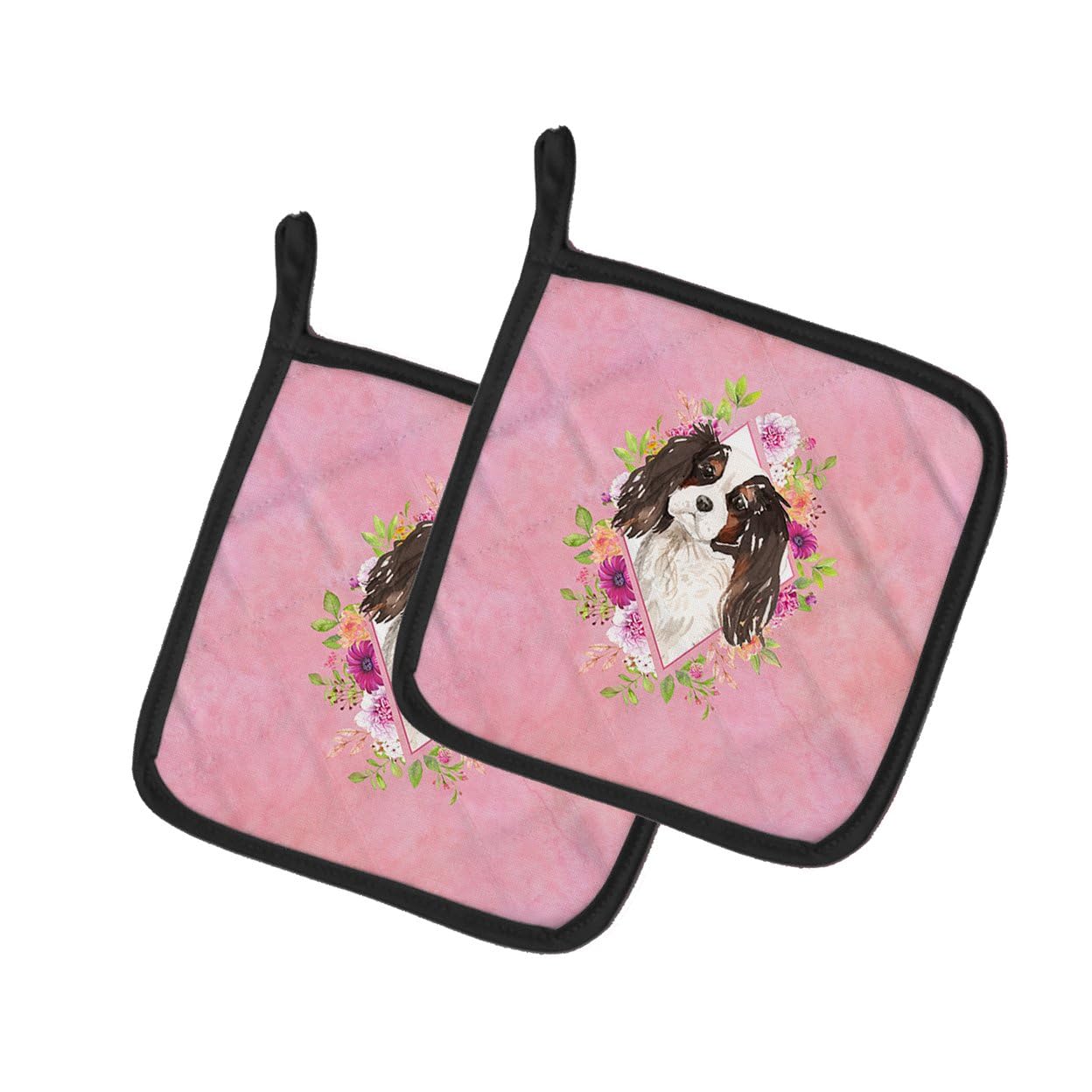 Tricolor Cavalier Spaniel Pink Flowers Pair of Pot Holders