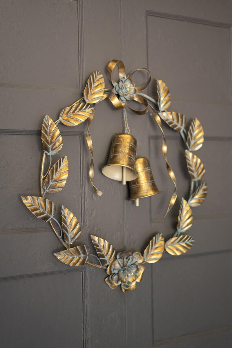 Antique Brass Christmas Door Wreath Leaves And Bells