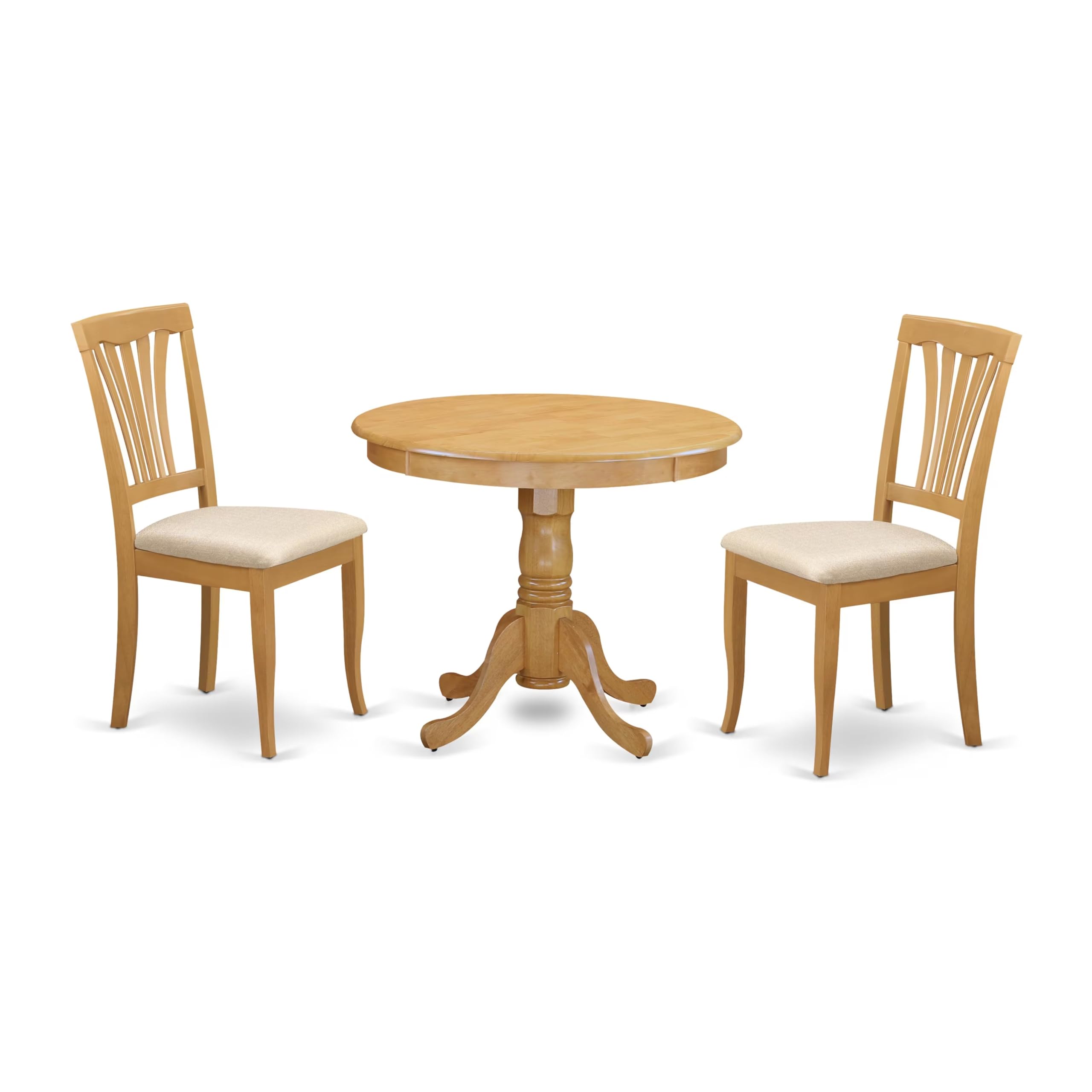 East West Furniture ANAV3-OAK-C 3 Piece Room Set Contains a Round Wooden Table with Pedestal and 2 Linen Fabric Kitchen Dining Chairs, 36x36 Inch