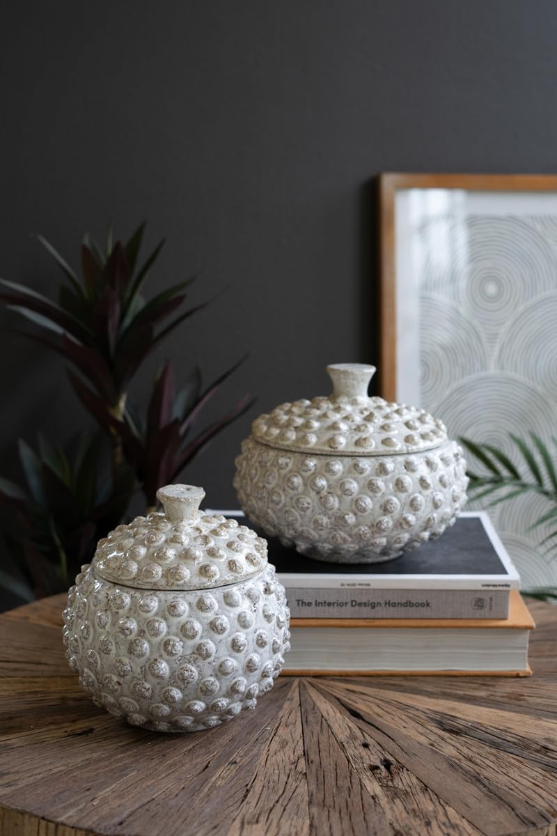 Kalalou Set Of Two Round Knobby White Ceramic Canisters - Sea Urchins