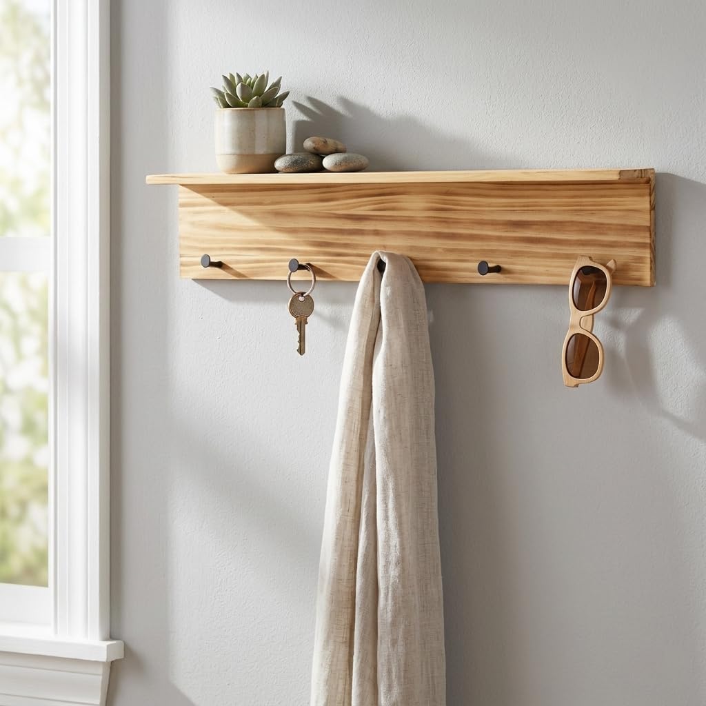Aldervale Wood & Metal 5 Hook Hanger & Shelf