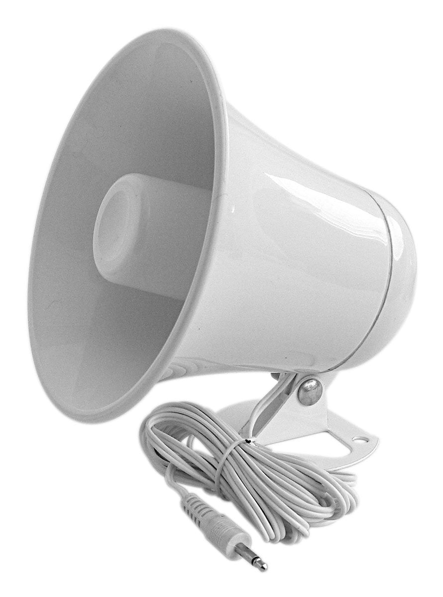 ACCESSORIES UNLIMITED - 5-1/2 WHITE PLASTIC PA HORN WITH 10 FOOT CABLE AND 3.5MM PLUG