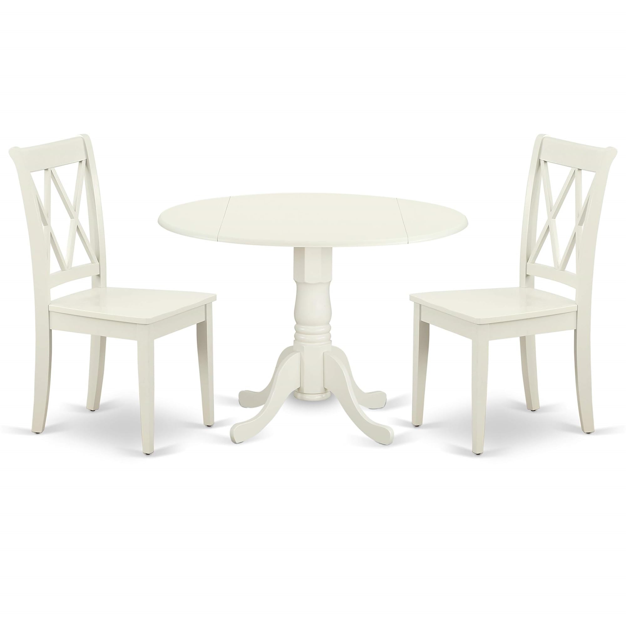 Casafoyer DLCL3-LWH-W 3 Piece Dining Room Table Set Contains a Round Dining Table with Dropleaf and 2 Wood Seat Chairs, 42x42 Inch, Linen White
