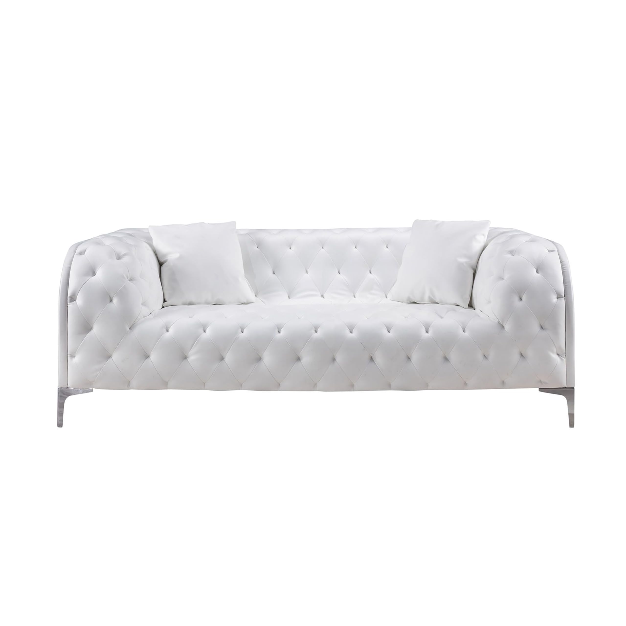 Sam 74 Inch Loveseat, White Tufted Faux Leather, Steel Legs, Throw Pillows