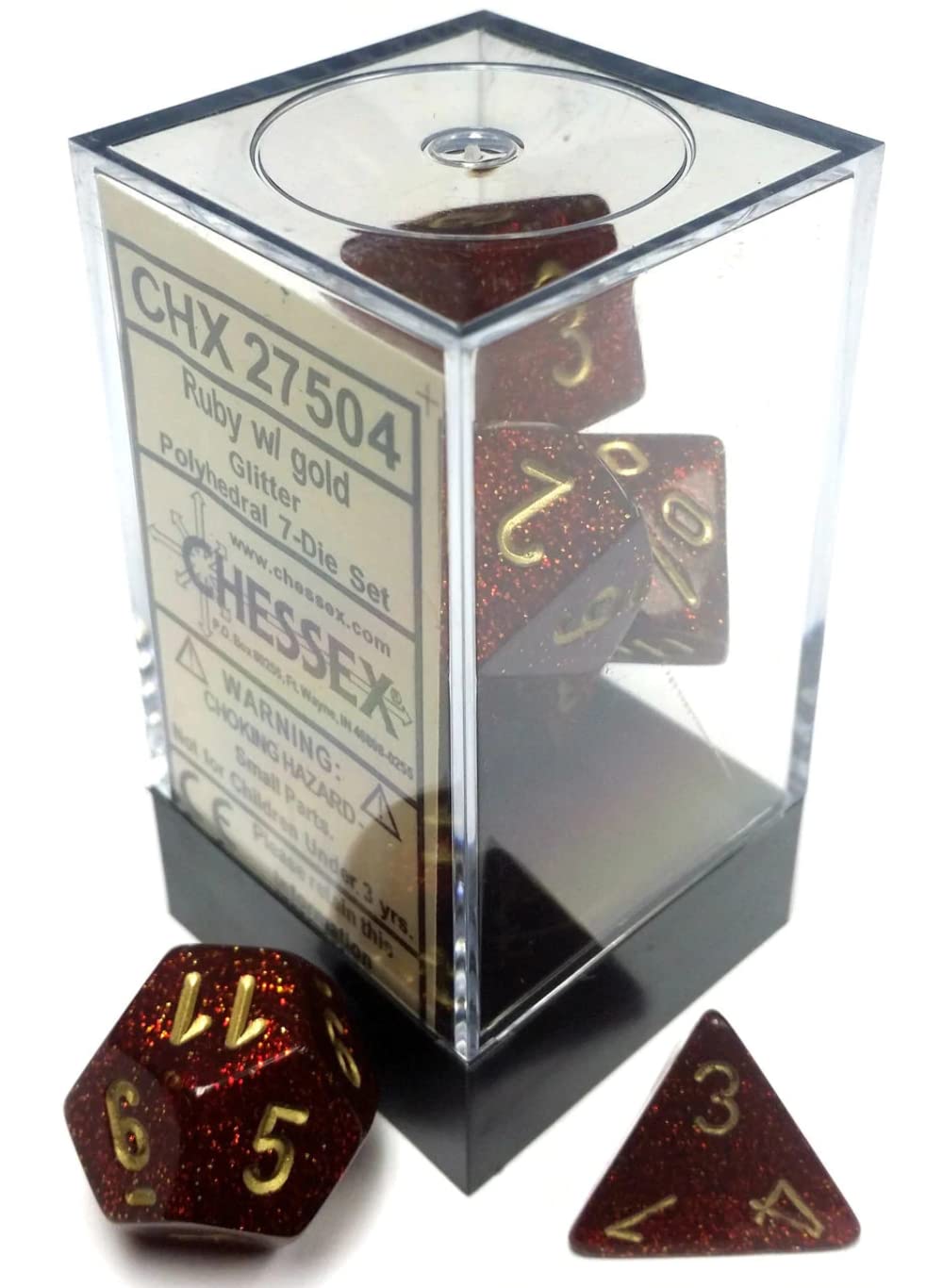 Glitter Polyhedral Ruby/Gold 7-Die Set, Ruby Red/Gold