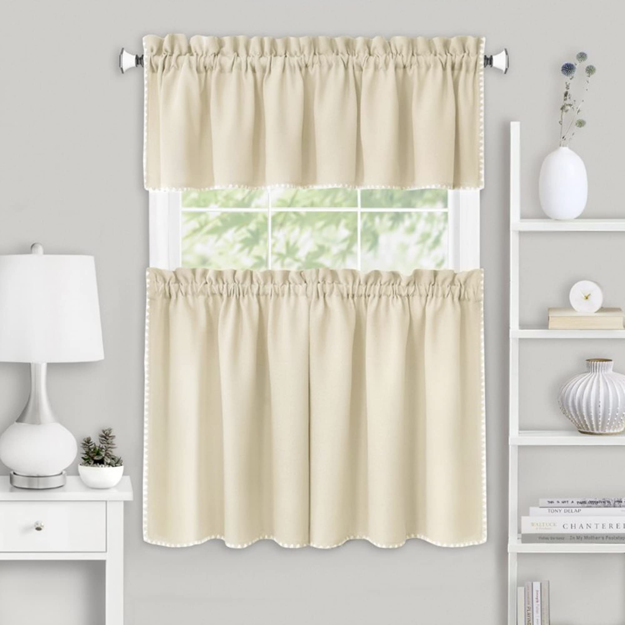 Kendal Tier and Valance Window Curtain Set - 58x36 - Tan/White