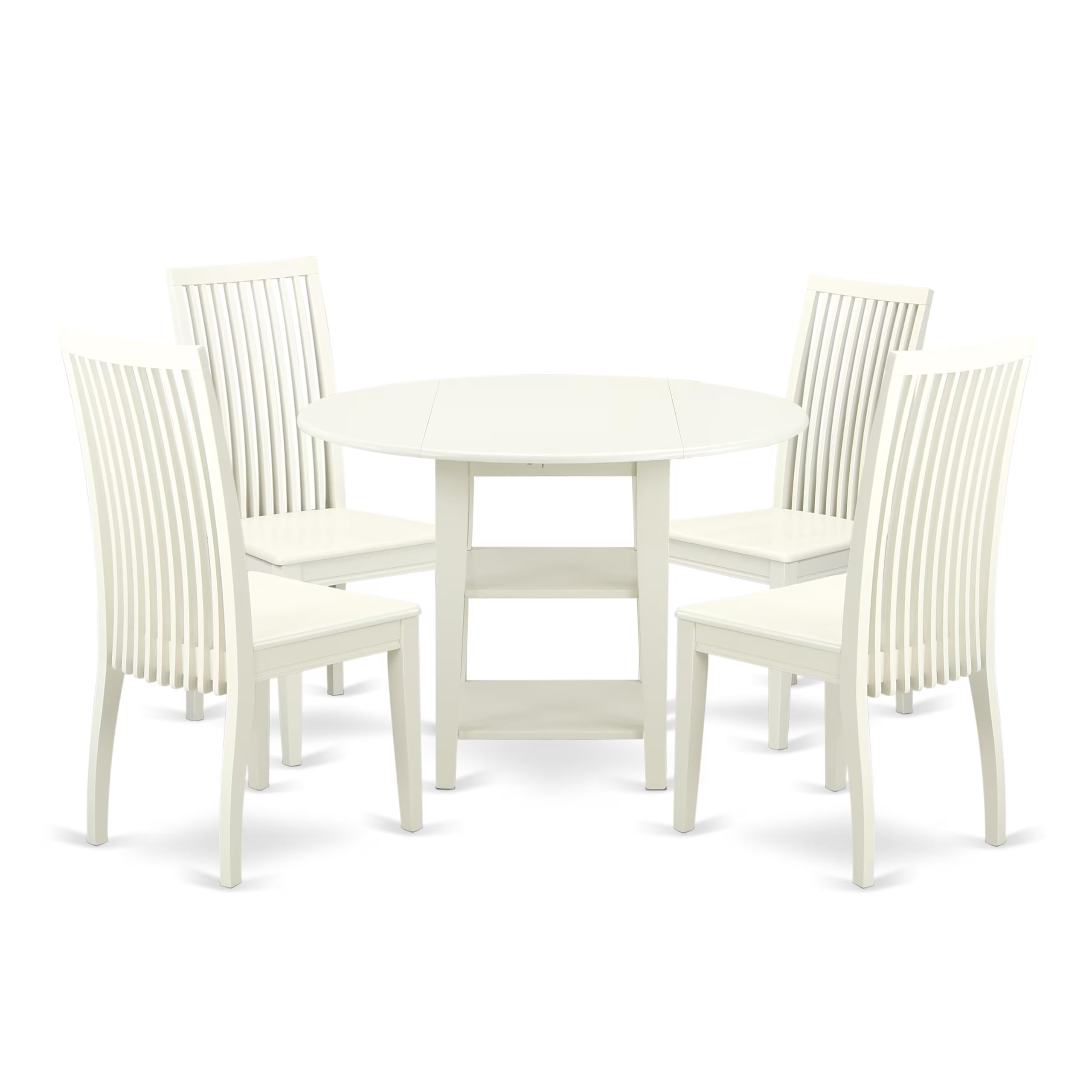 SUIP5-LWH-W 5 Piece Sudbury Set With One Round Dinette Table And four Dinette Chairs With Solid Wood Seat In A Rich Linen White Finish.