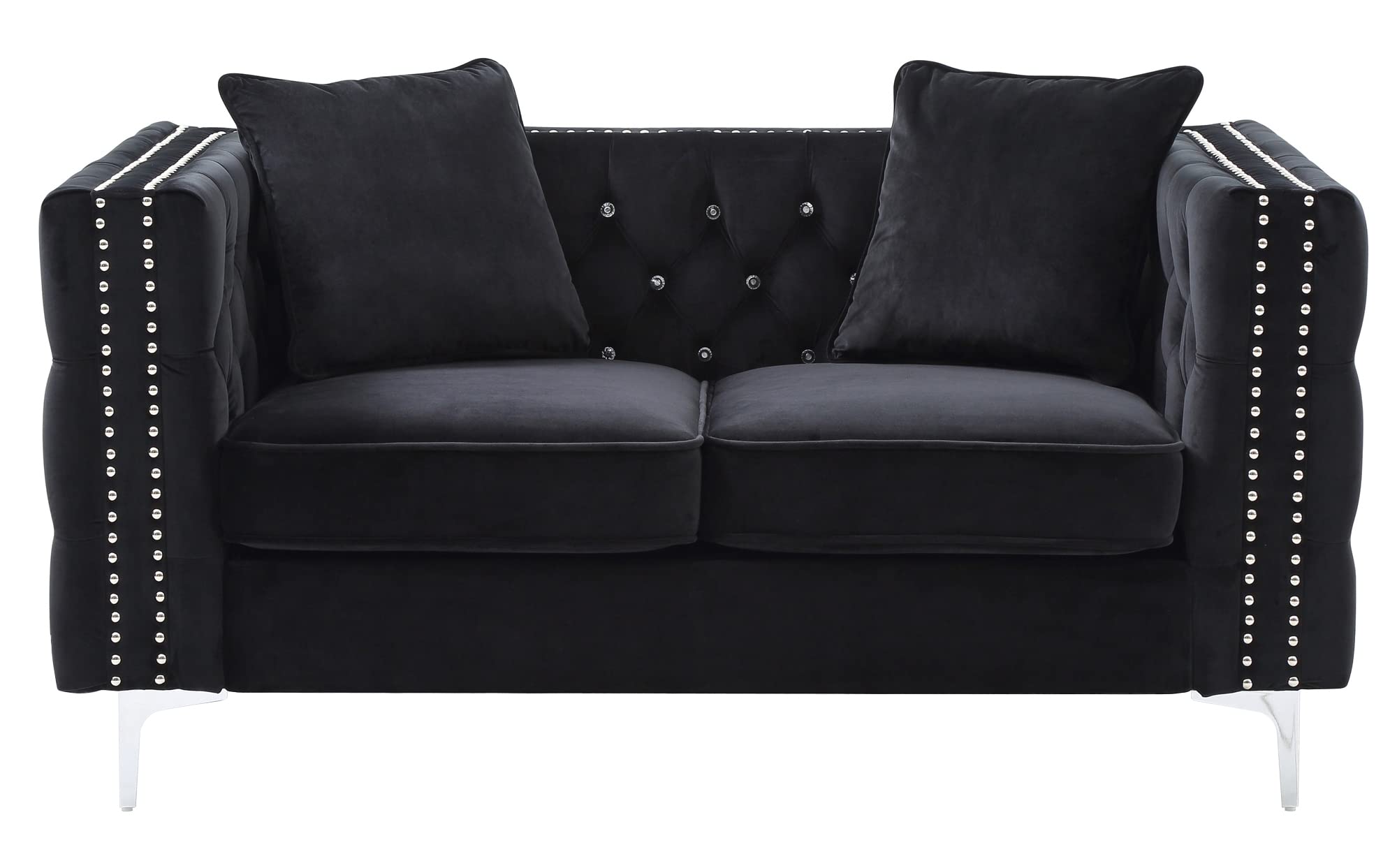 Paige 63 in. Black Tufted Velvet Loveseat With 2-Throw Pillows