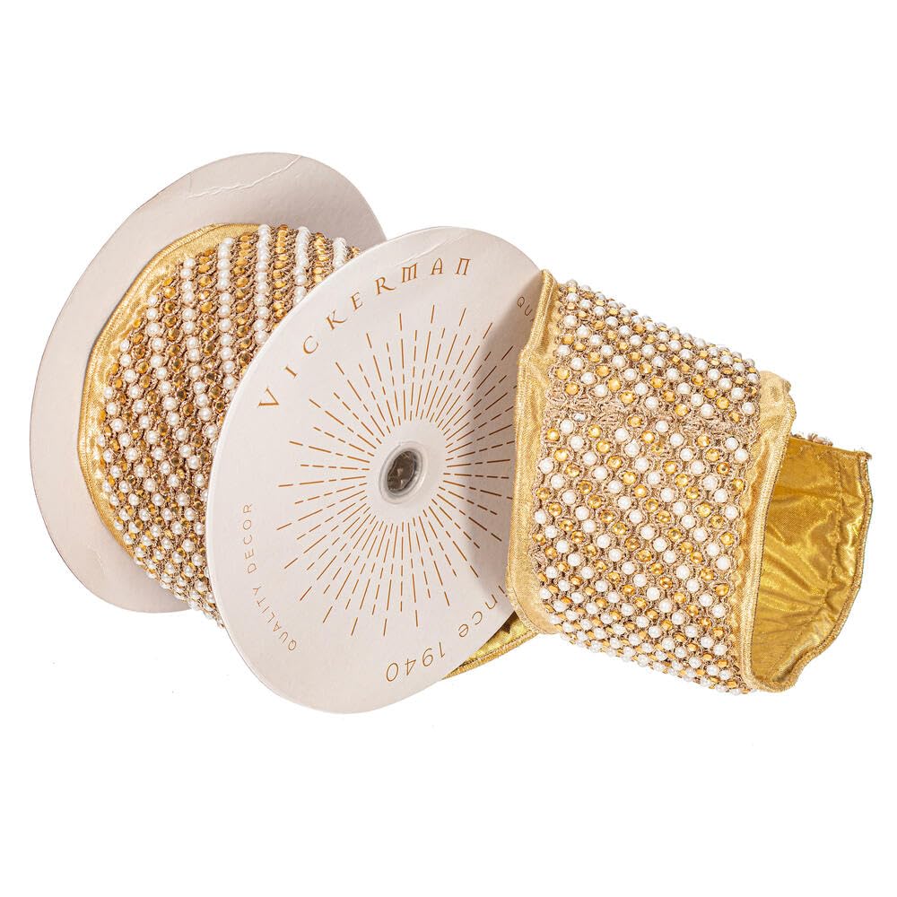 Casafoyer  4” x 5 Yards Gold Jewel Pearls Wired Edge Christmas Ribbon. - (Pack Of 2)