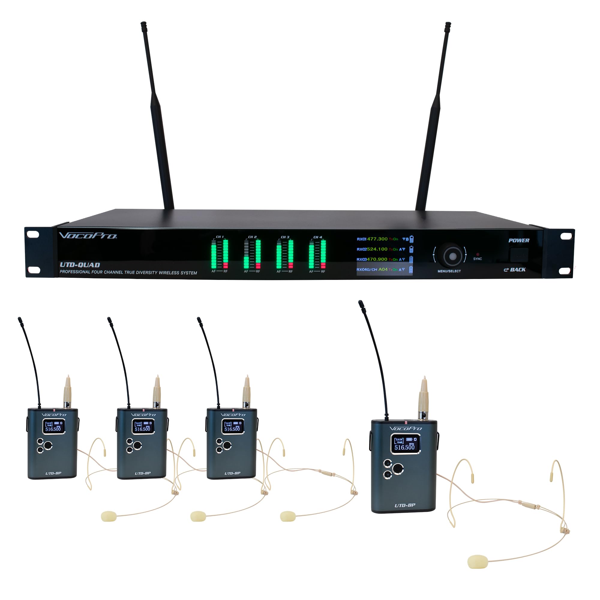 Quad True-Diversity Professional Digital Wireless PLL Microphone System with Four Bodypack/Headset Microphones