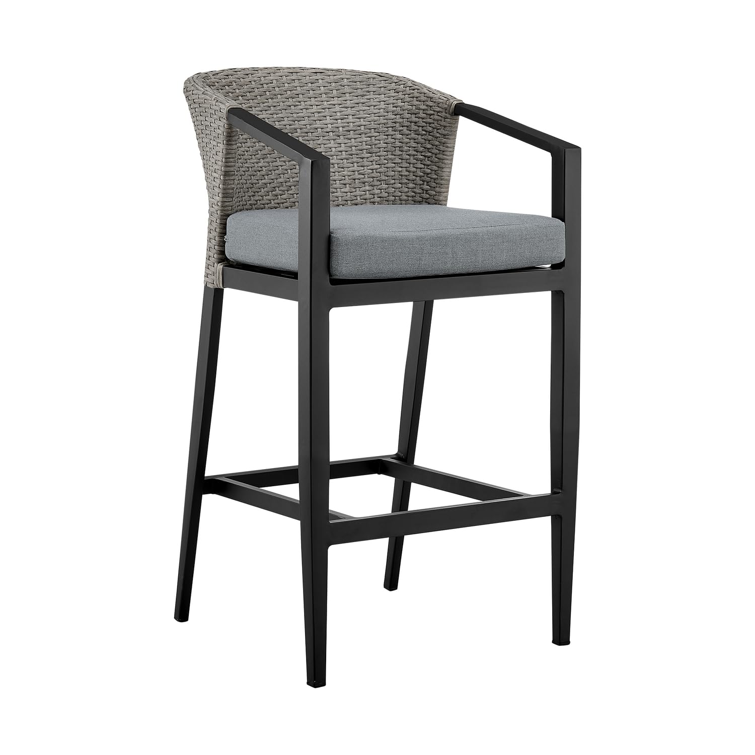 Armen Living Aileen Outdoor Patio Bar Stool In Aluminum And Wicker With Grey Cushions