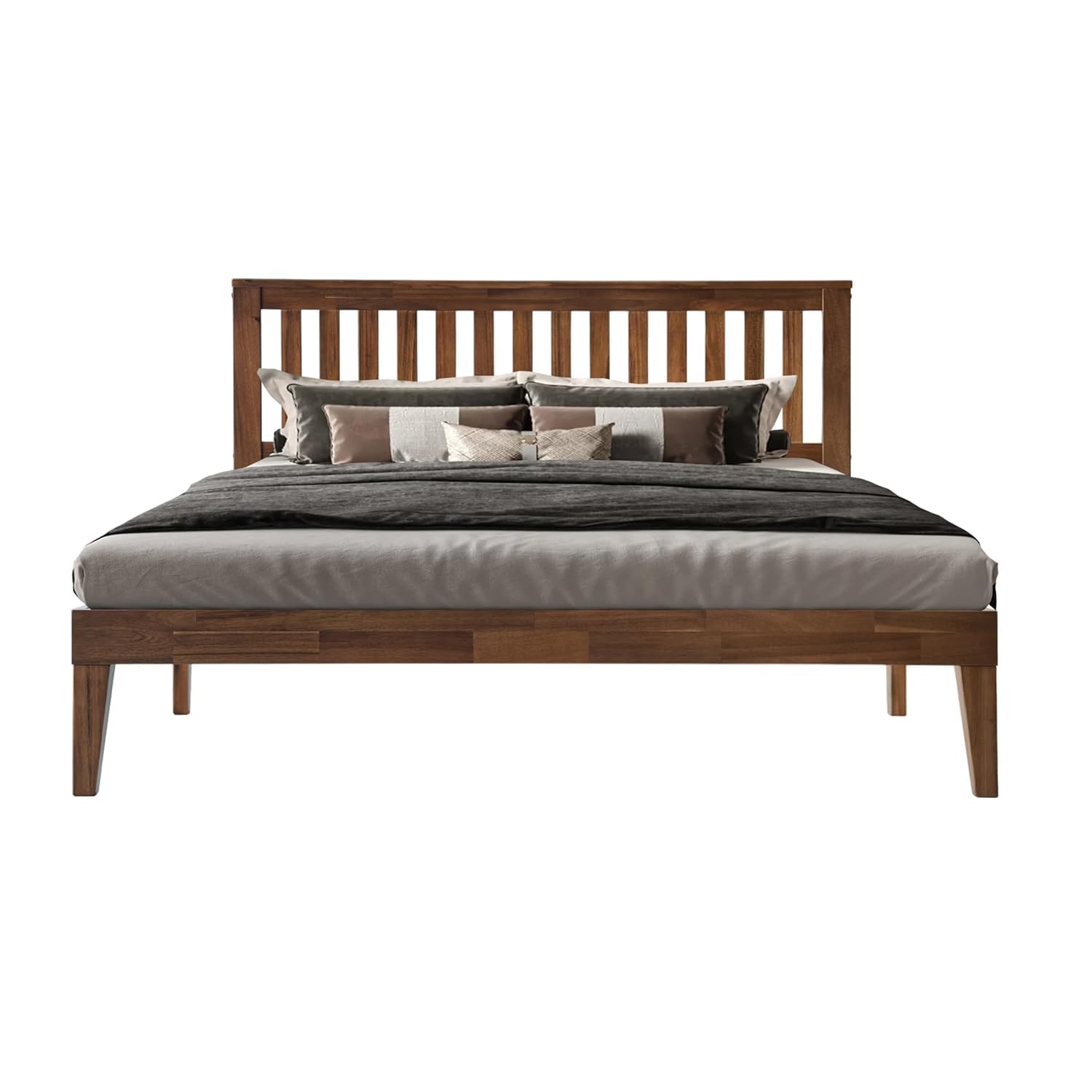 Full Wooden Platform Bed Frame, Walnut Finish, Morden Style
