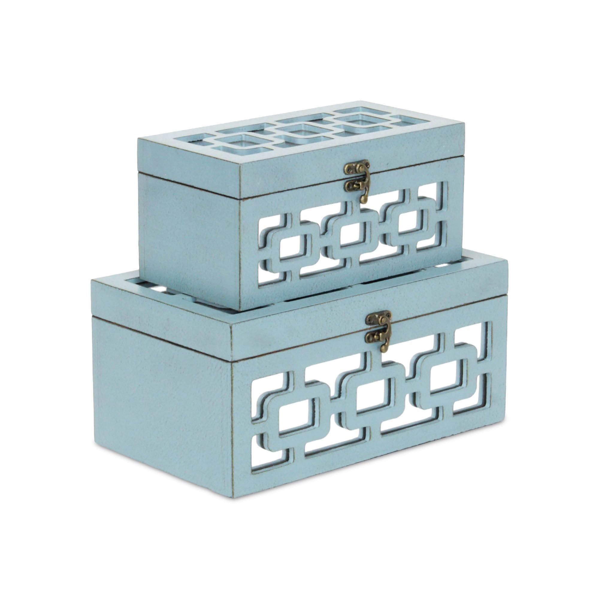 Tessera Set of 2 Distressed Mirrored Wood Boxes - Blue