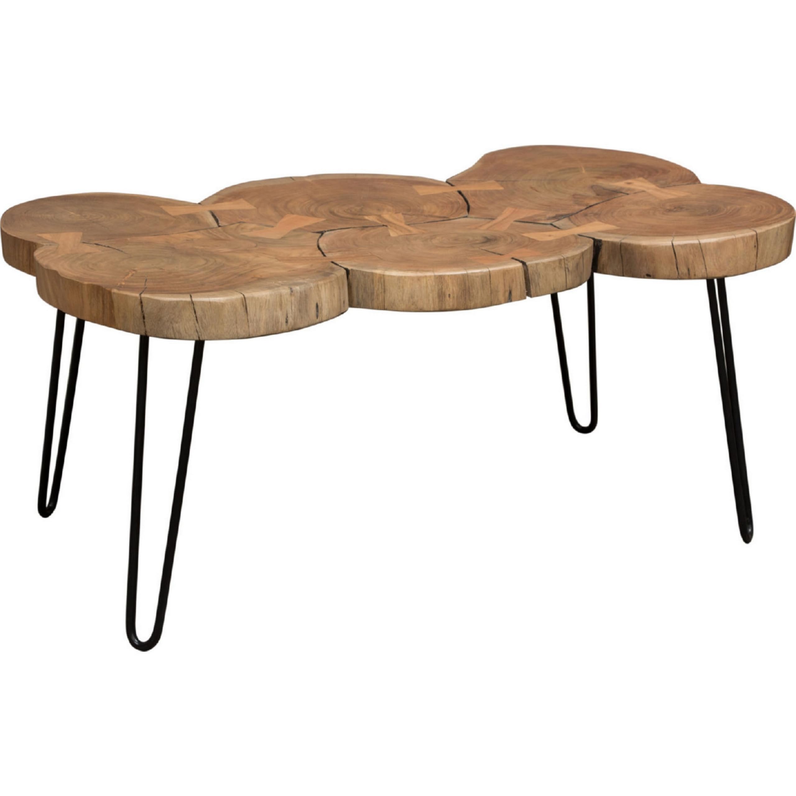 39 Inch Rectangular Coffee Table, Live Edge Wood Top, Metal Legs, Brown