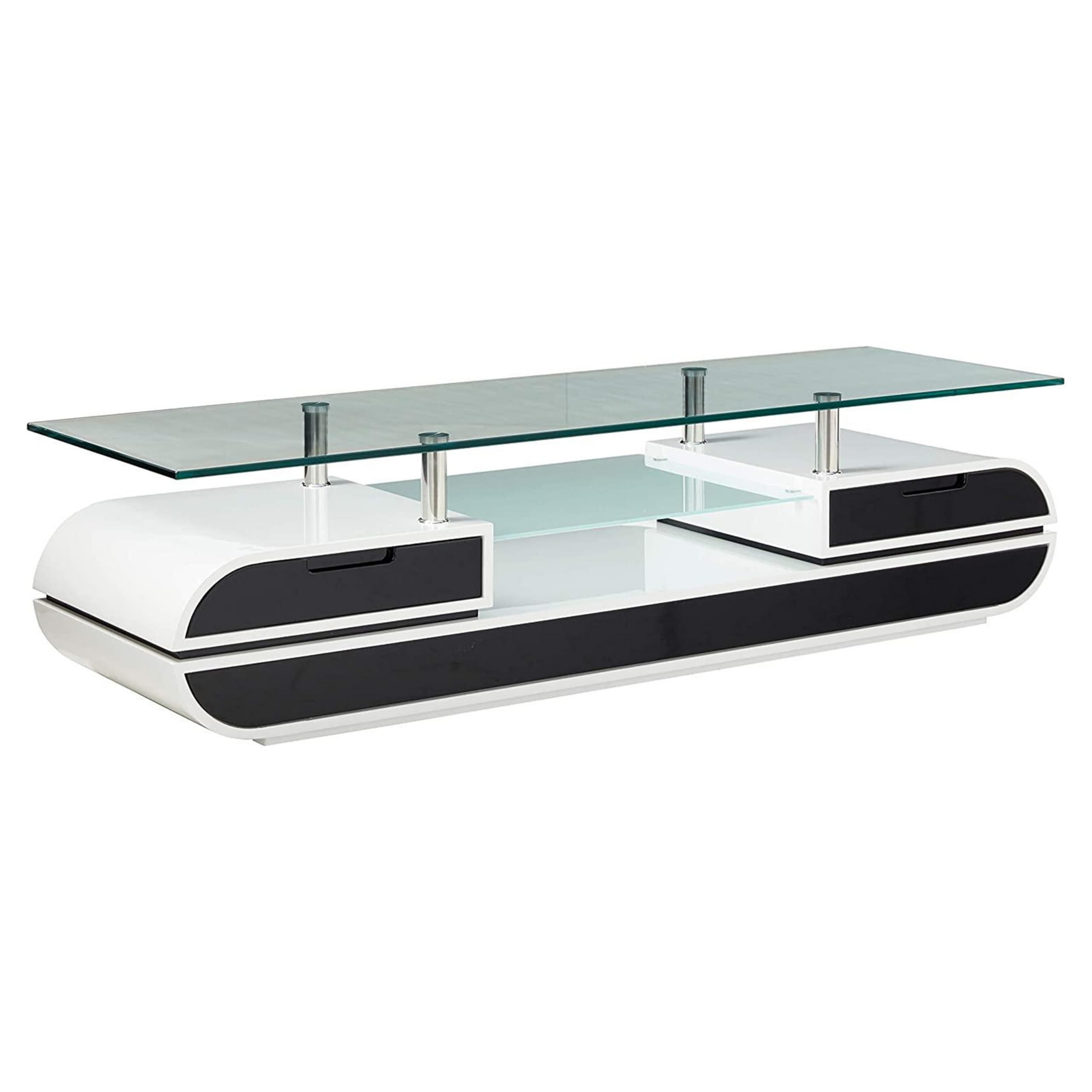 63 Inch TV Entertainment Console, Glass Top, Chrome Posts, Black, White