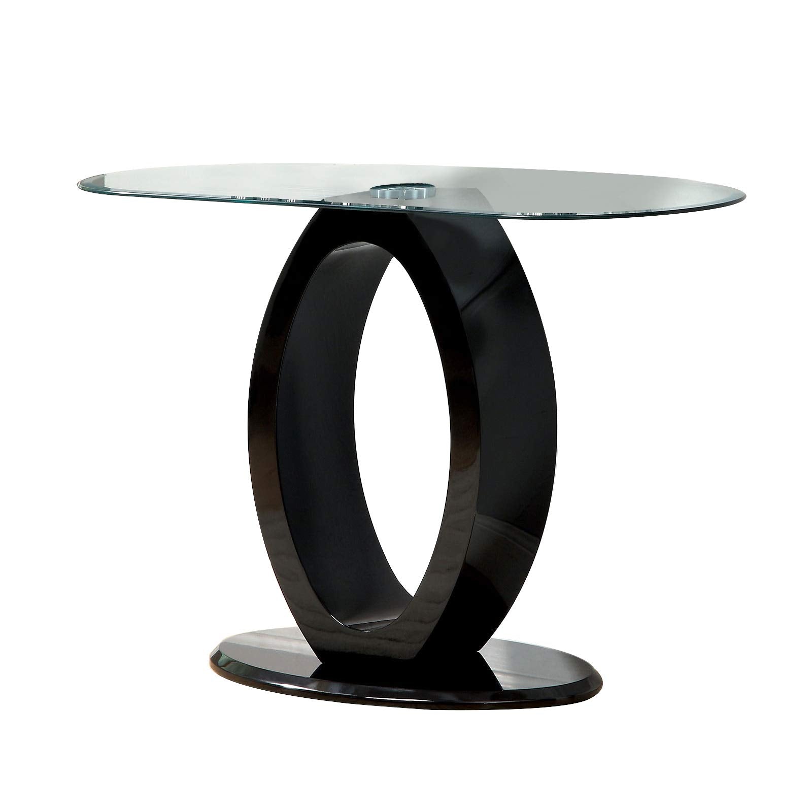 Benjara Contemporary Tempered Glass Top Sofa Table With O Shape Base, Black