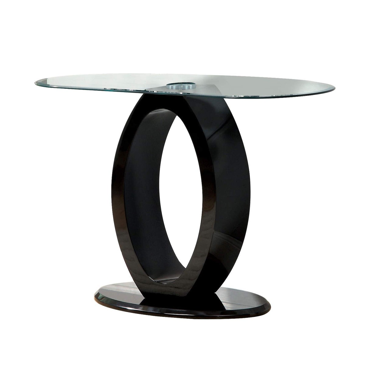 Benjara Contemporary Tempered Glass Top Sofa Table With O Shape Base, Black