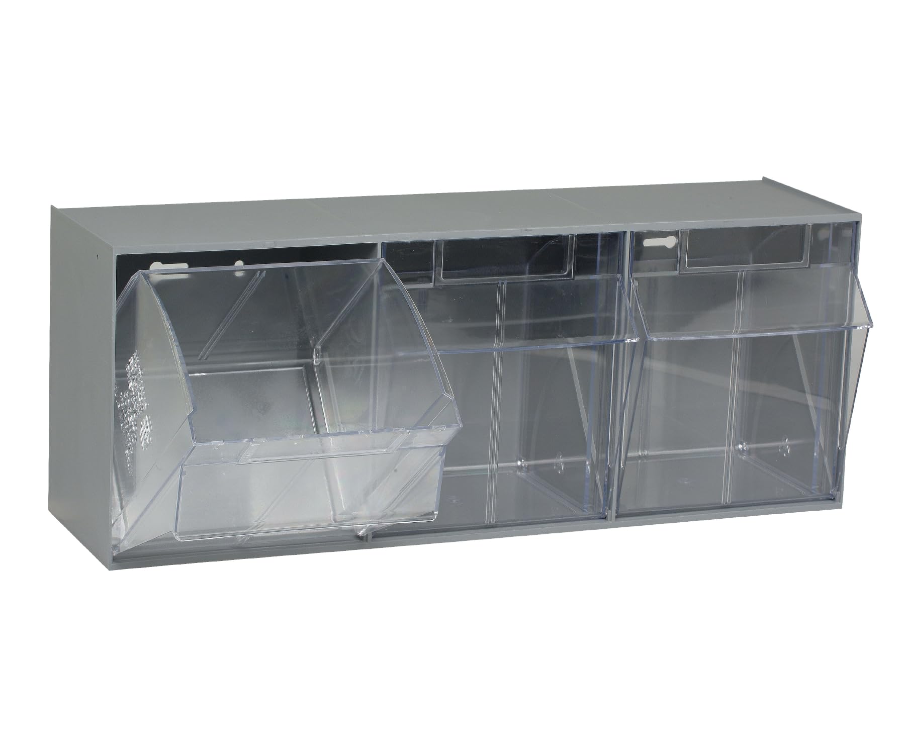 Tip Out Bin, (3) compartment, handle with label slot, opens to a 45 angle, plastic clear container, polystyrene gray cabinet, Made in USA
