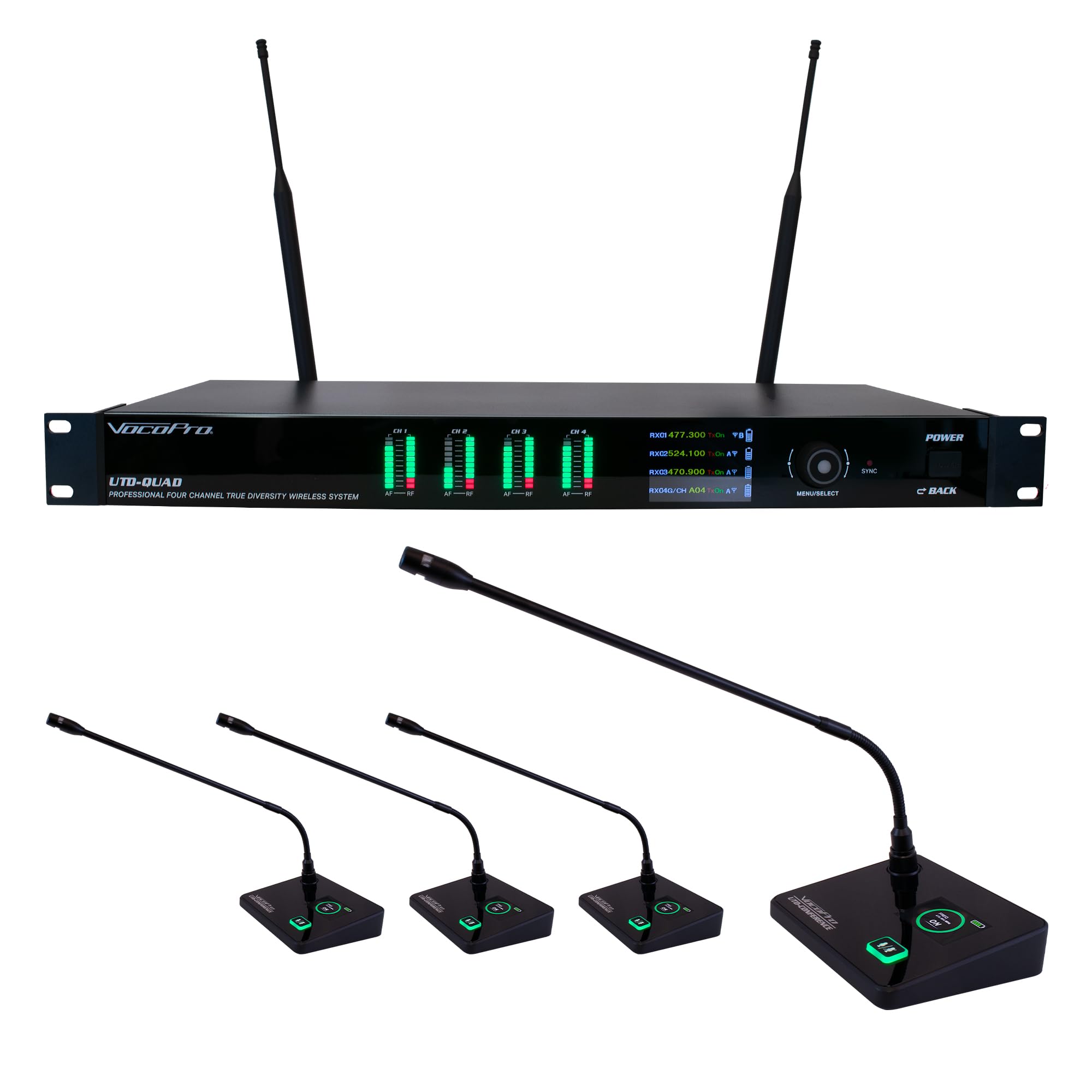 Quad True-Diversity Professional Digital Wireless PLL Microphone System with Four Gooseneck Conference Microphones