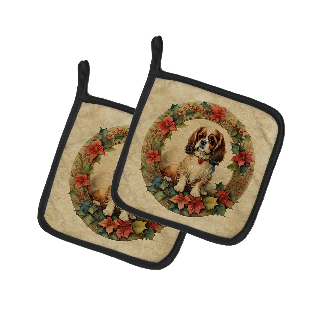 English Toy Spaniel Christmas Flowers Pair of Pot Holders