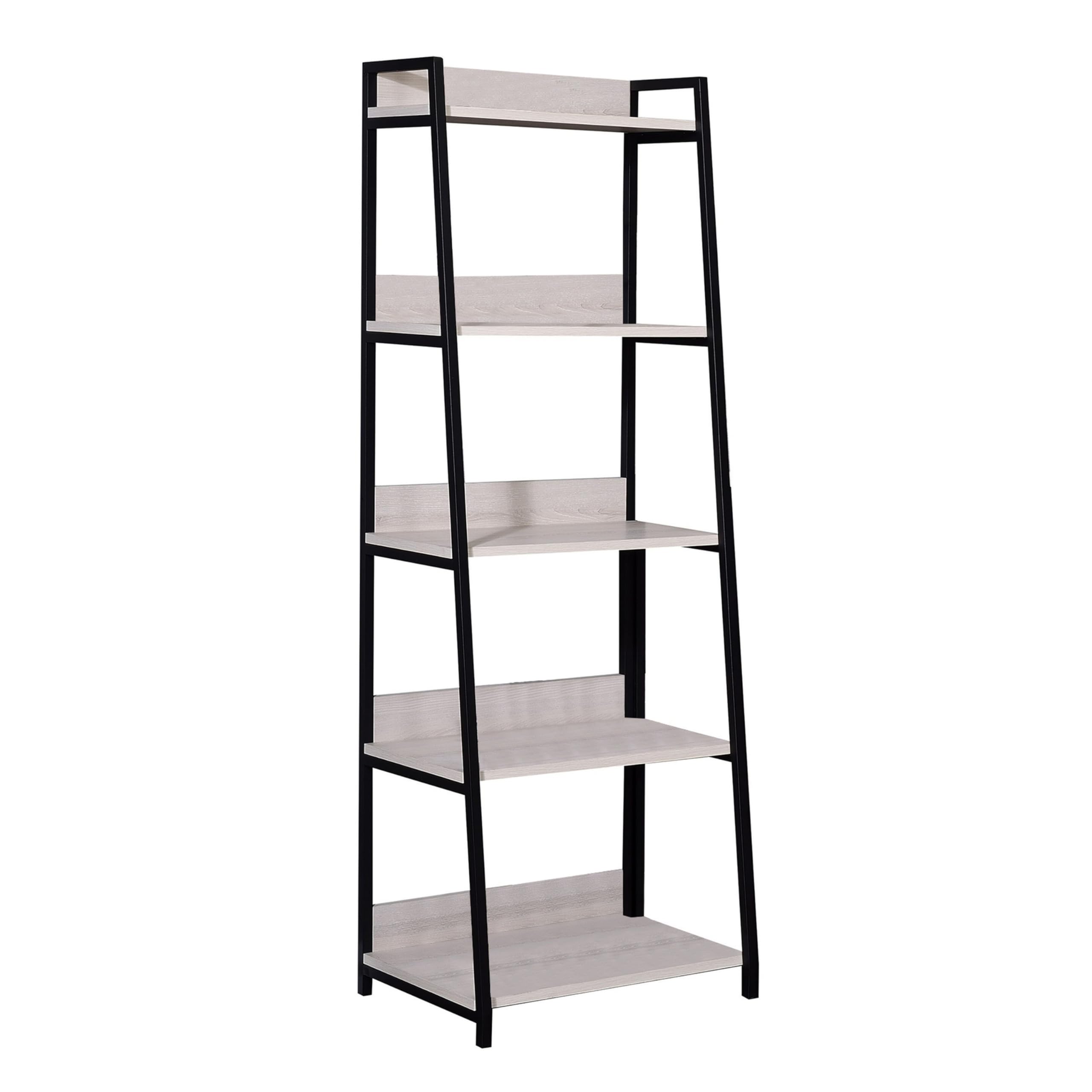 Wooden Bookshelf with 5 Open Compartments, Washed White and Black