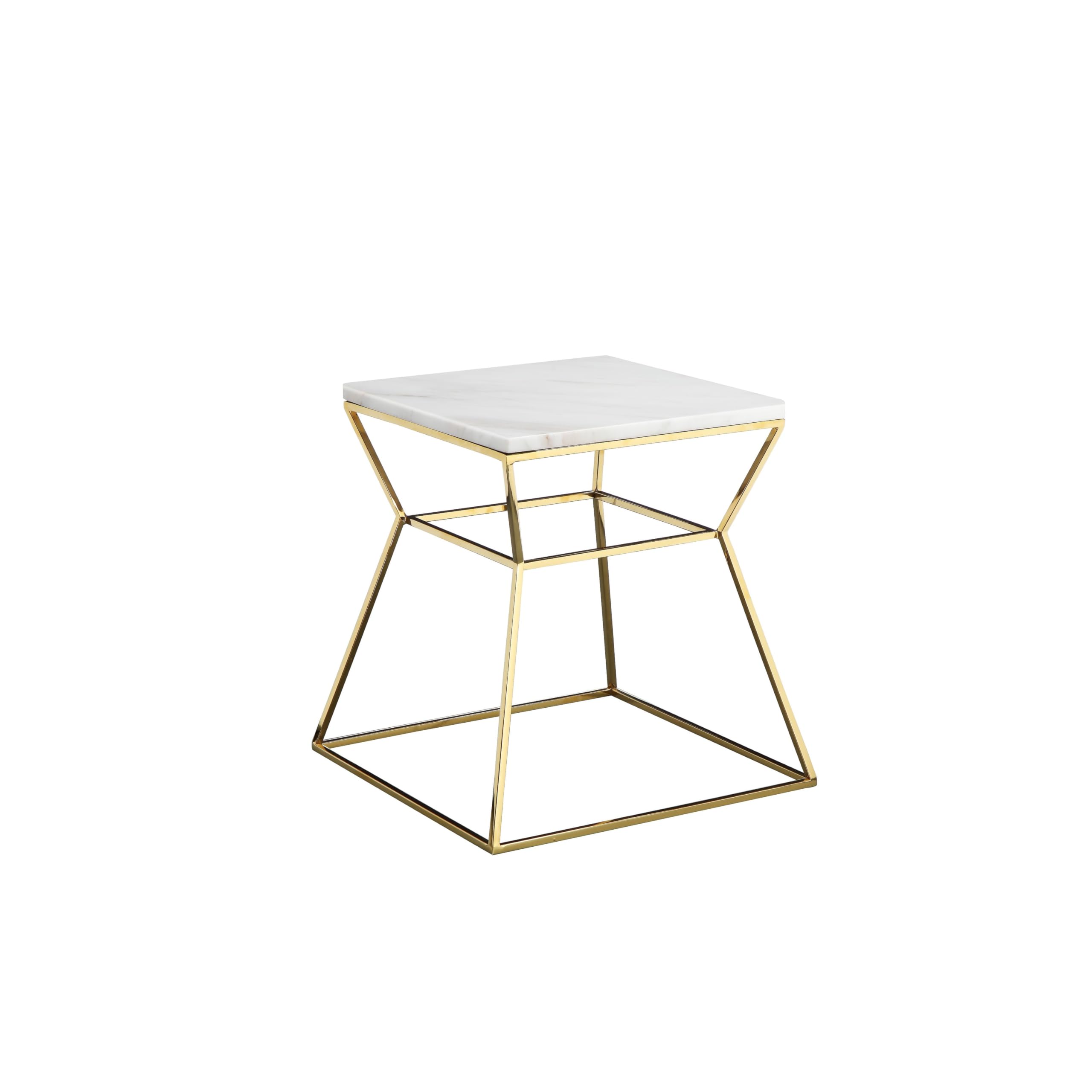 Lio 18 Inch Side End Table, White Marble Top, Gold Open Hourglass Frame