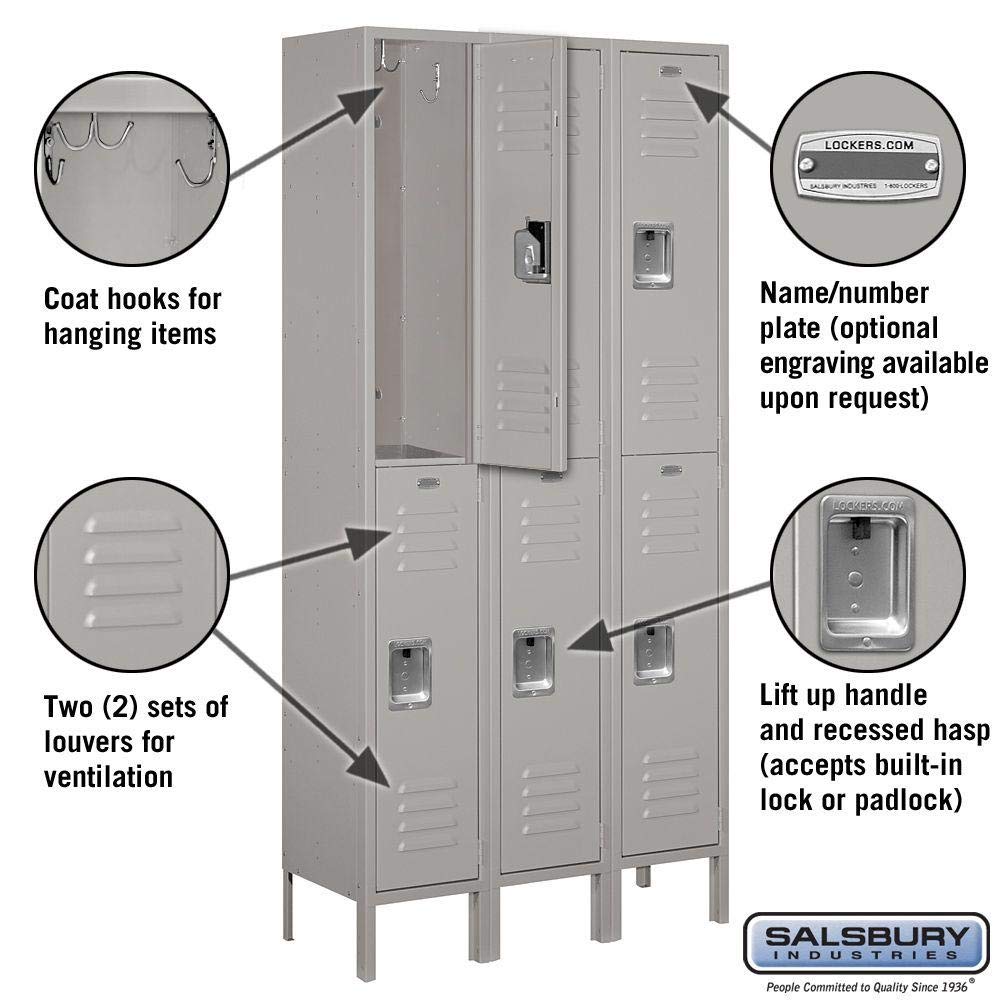 12 Wide Double Tier Standard Metal Locker - 3 Wide - 6 Feet High - 12 Inches Deep - Gray - Unassembled