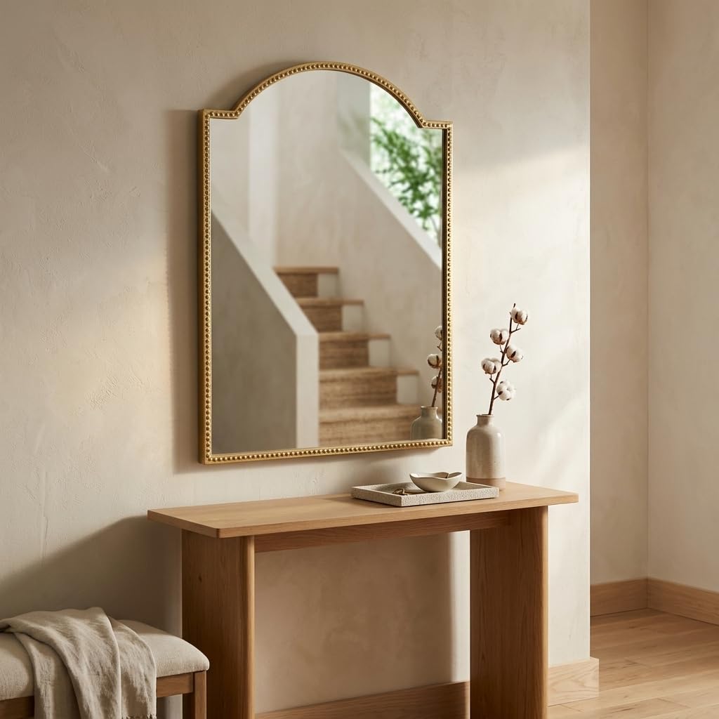 Nuvelle Arch Top Gold Metal Framed Wall Mirror | Studded |