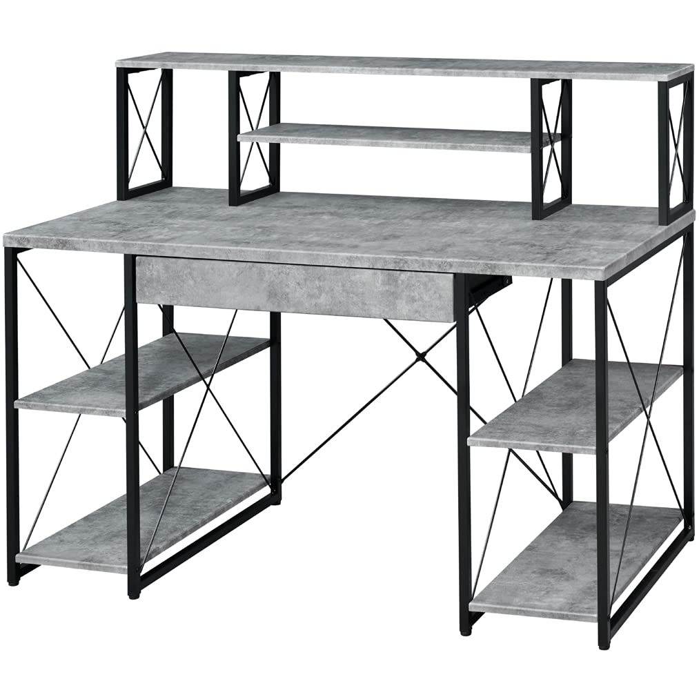 Benjara Metal Desk With 4 Open Bottom Shelves And Bookcase Hutch, Gray And Black