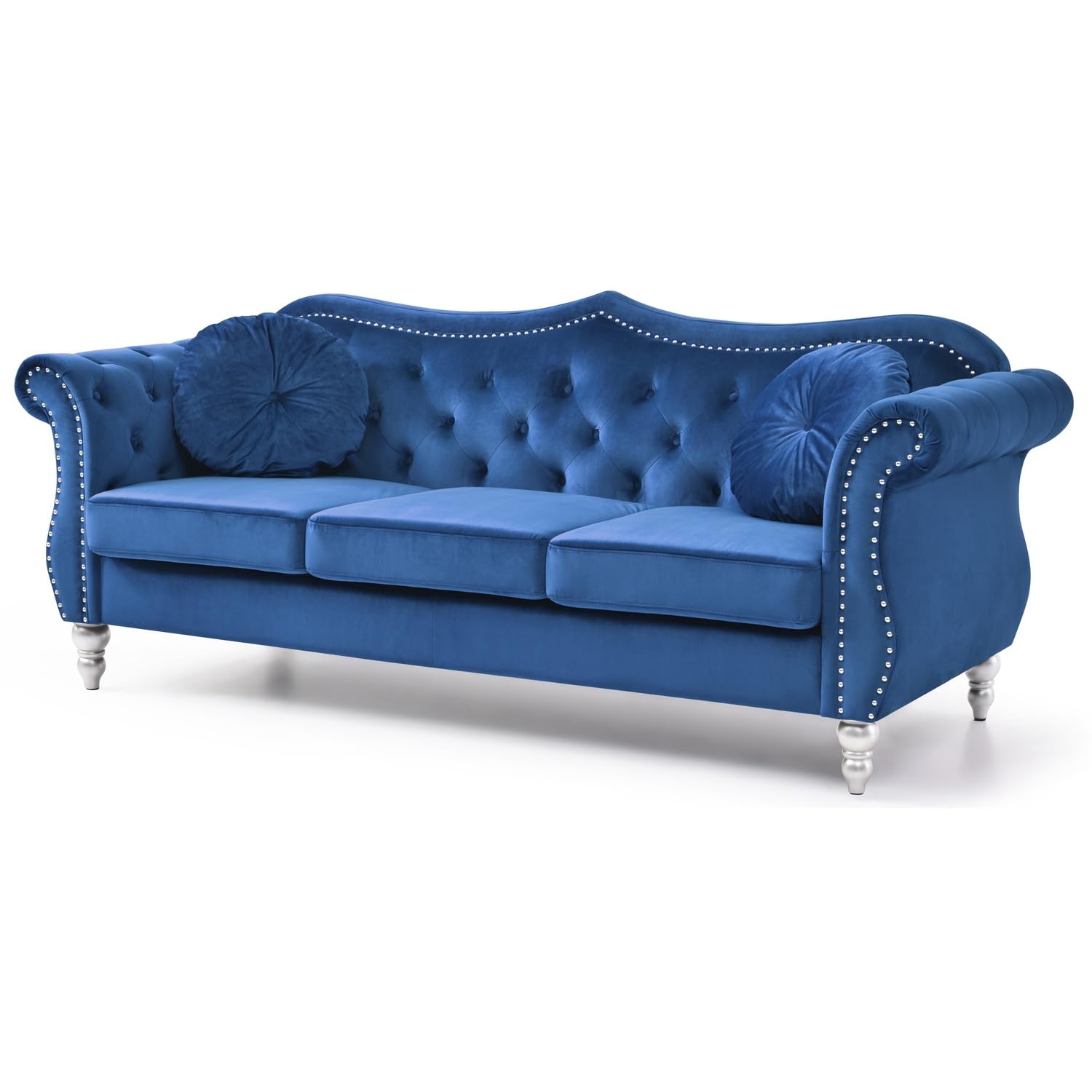 Hollywood 82 in. Navy Blue Velvet Chesterfield 3-Seater Sofa with 2-Throw Pillow