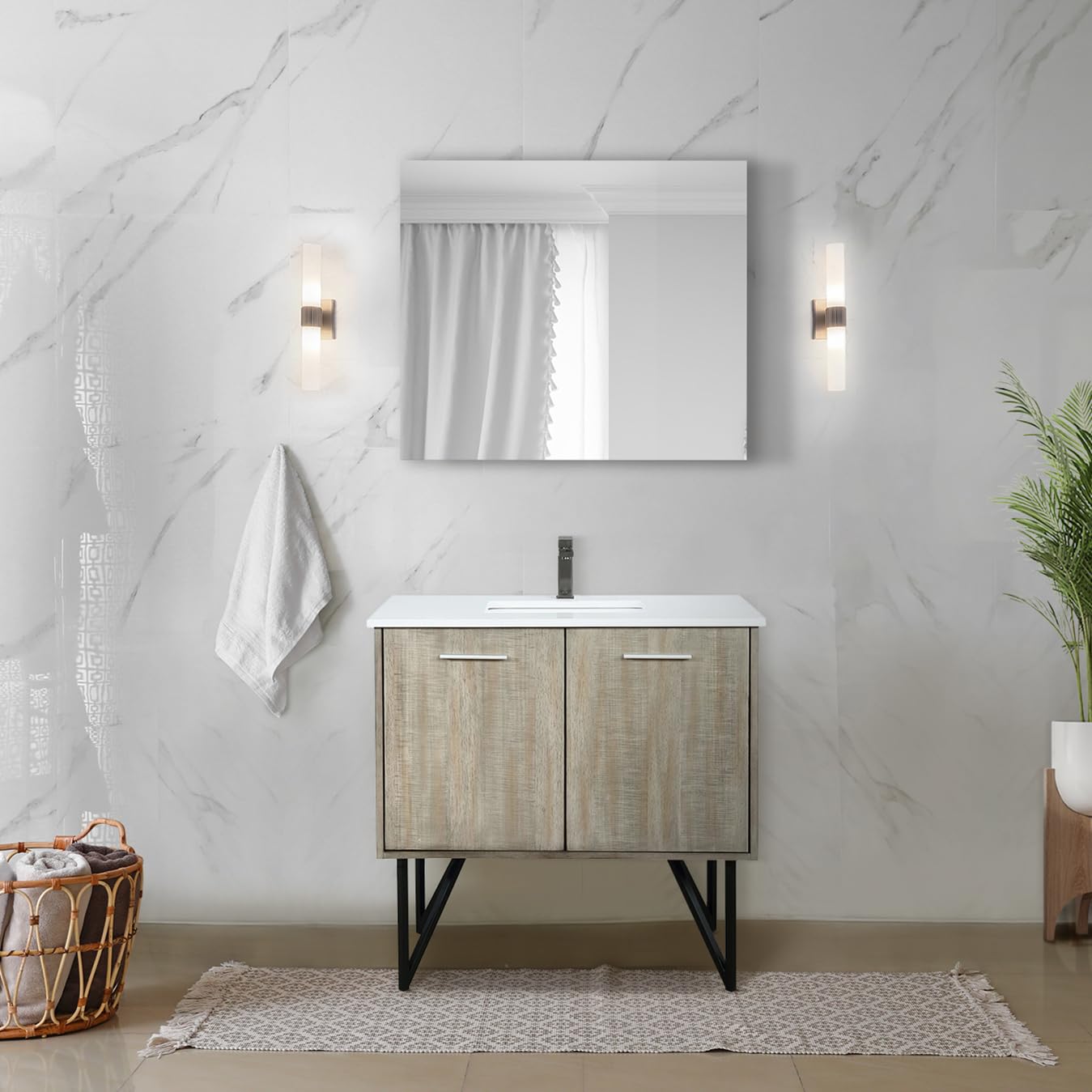 Rustic Acacia Bath Vanity 36 in. W x 20 in. D, Cultured Marble Top and Gun Metal Faucet Set
