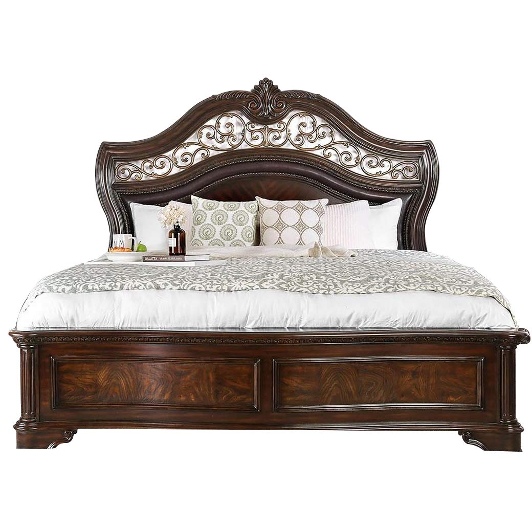 California King Wooden Bed with Intricate Carved Headboard, Brown