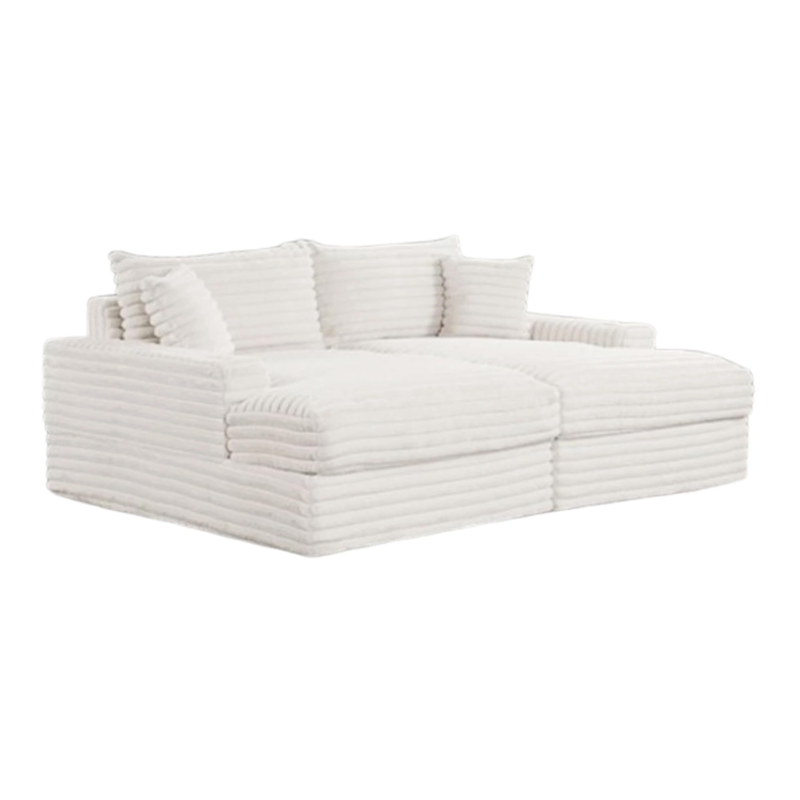 Teya Double Chaise Sofa, 2 Pillows, White Chenille Upholstery, 94 Inch