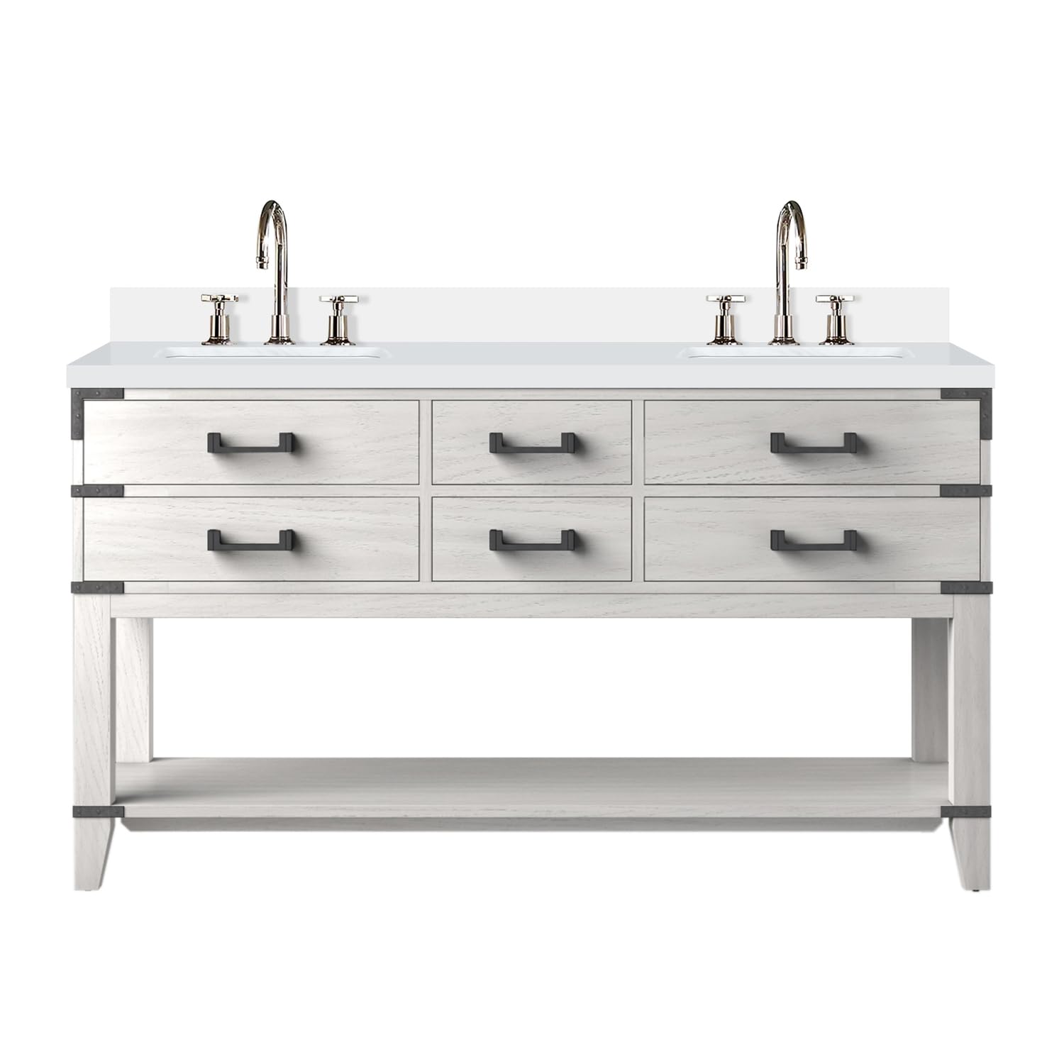 Norwalk 60 in W x 22 in D White Oak Double Bath Vanity, White Quartz Top, and Faucet Set