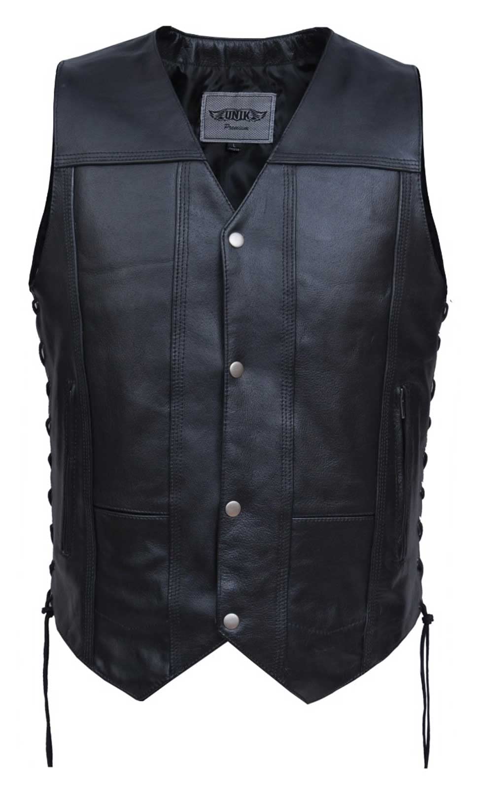 Mens Premium Motorcycle Leather 10-Pocket Vest,Black,Size - 4XL