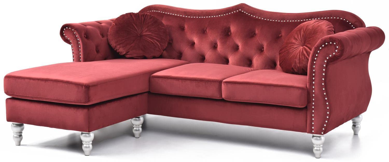 Hollywood 81 in. Burgundy Velvet Chesterfield Sectional Sofa with 2-Throw Pillow